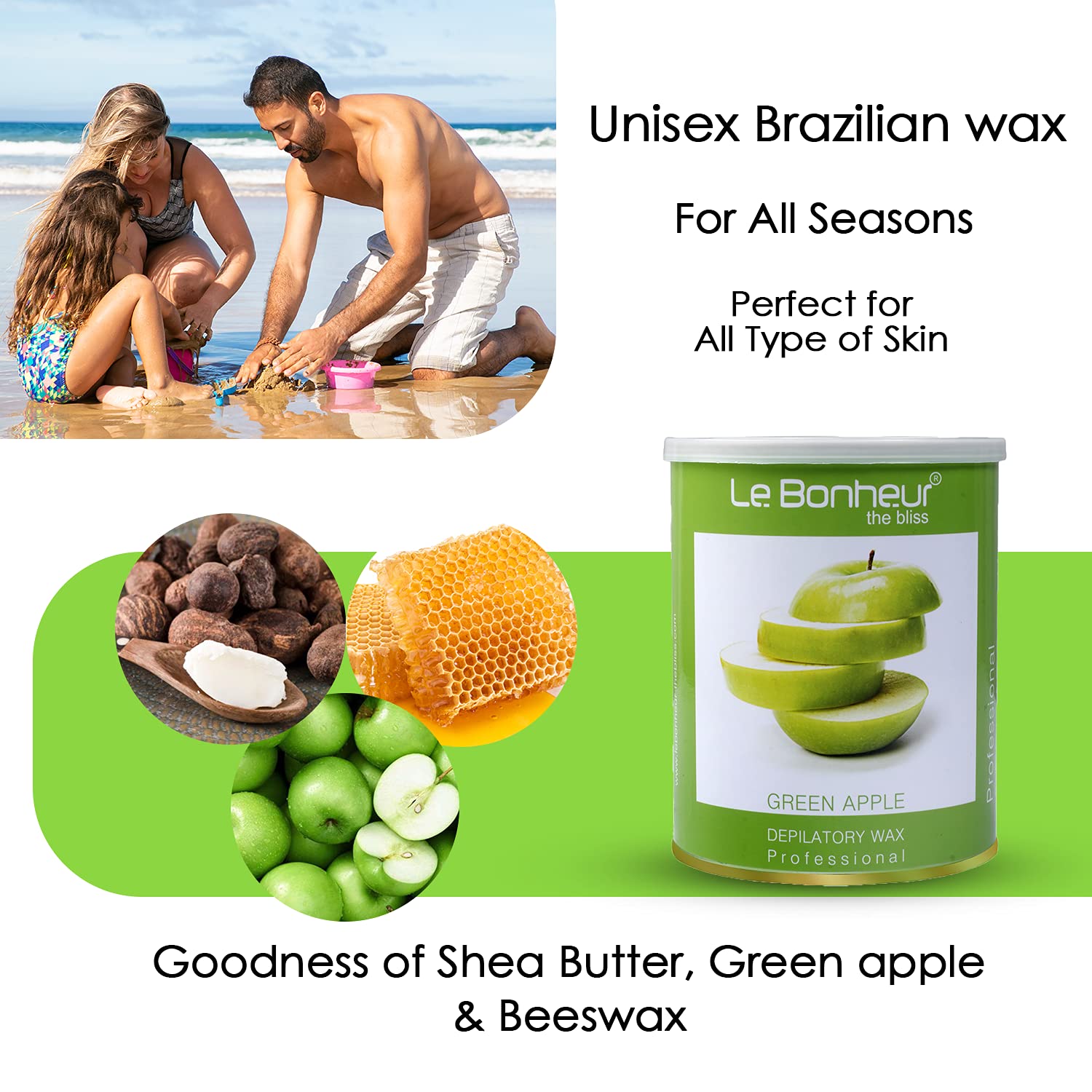 Le Bonheur Green Apple Liposoluble Wax - Full Body Hair Removal Wax for Sensitive Skin & Delicate Areas (800g) | Gentle Waxing for Bikini Line, Face, Underarms & More