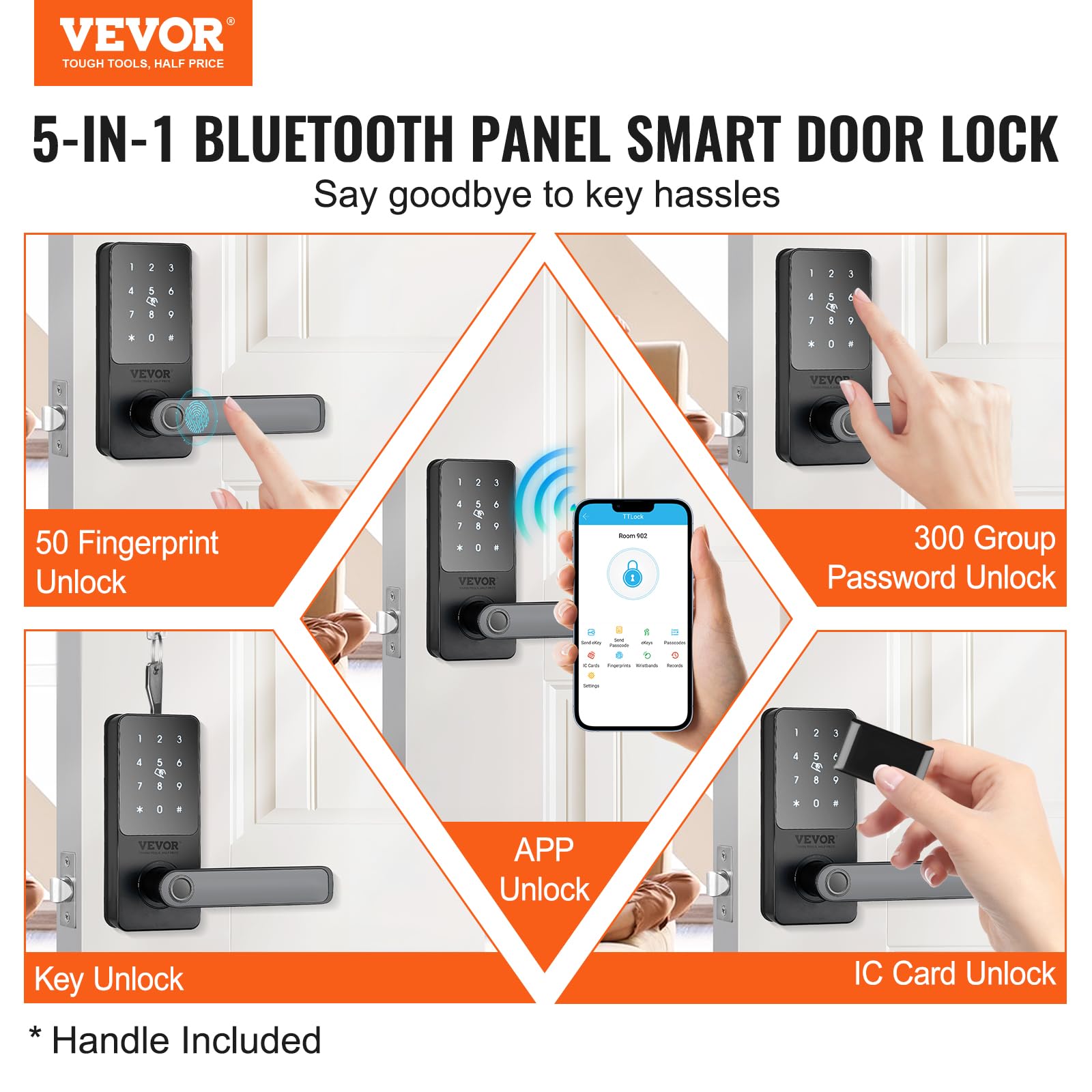 VEVOR 5-in-1 Smart Door Lock - Fingerprint, Keypad, Bluetooth & App Control Keyless Entry Deadbolt - Biometric Digital Door Handle for Home Security (Ideal for Front Doors, Apartments & Smart Homes)