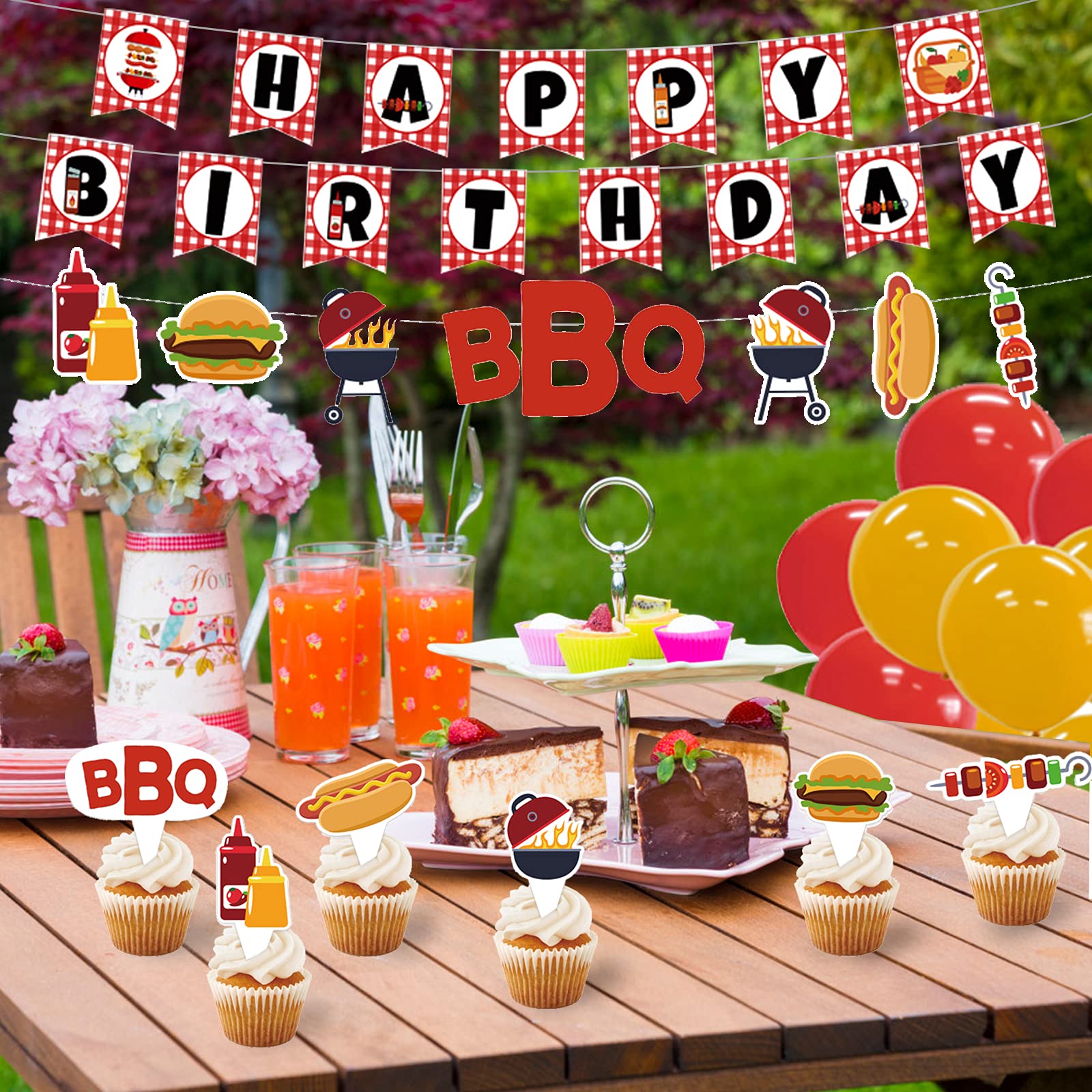 Red Checked Picnic Birthday Party Decorations Set - BBQ Baby Shower Supplies with Happy Birthday Banner, Cupcake Toppers & Balloons - Perfect for Outdoor Celebrations, Themed Parties & Backyard Gatherings