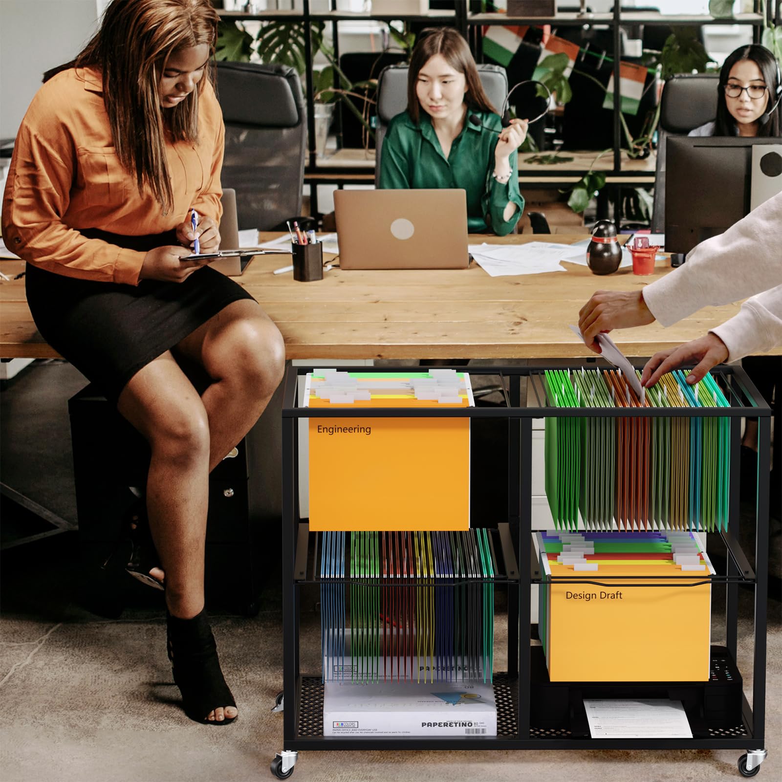 2-Tier Steel Wire File Cart with Wheels - Hanging & Pull-Out File Organizer, Movable Rolling File Cabinet for Office (33.66x18.11x25 in) - Perfect for Document Storage, Office Organization & Mobile Filing Systems