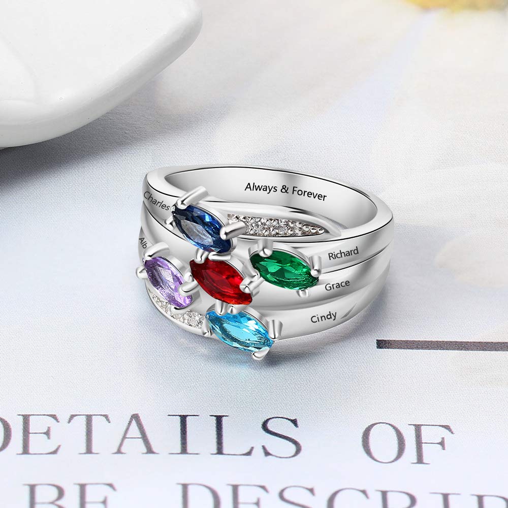 925 Sterling Silver Mother Daughter Rings - Personalized Name & 5 Birthstones Promise Rings for Women | Anniversary, Birthday, Valentine's Day Gift for Mom, Wife, Grandma | Engraved Family Jewelry for Special Occasions