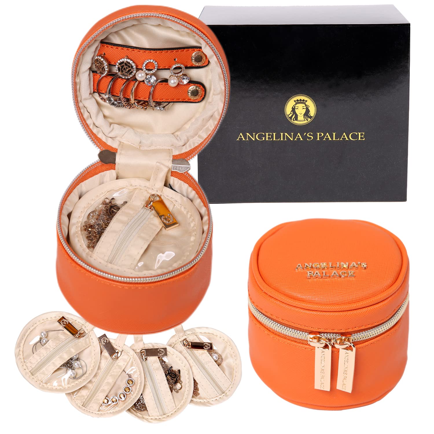 Angelina's Palace Round Jewelry Organizer Travel Case - Vegan Leather Jewelry Box for Necklaces, Earrings, Bracelets & Rings - Bridesmaid Gift Idea (Light Terracotta) - Perfect for Travel, Home Storage & Wedding Accessories