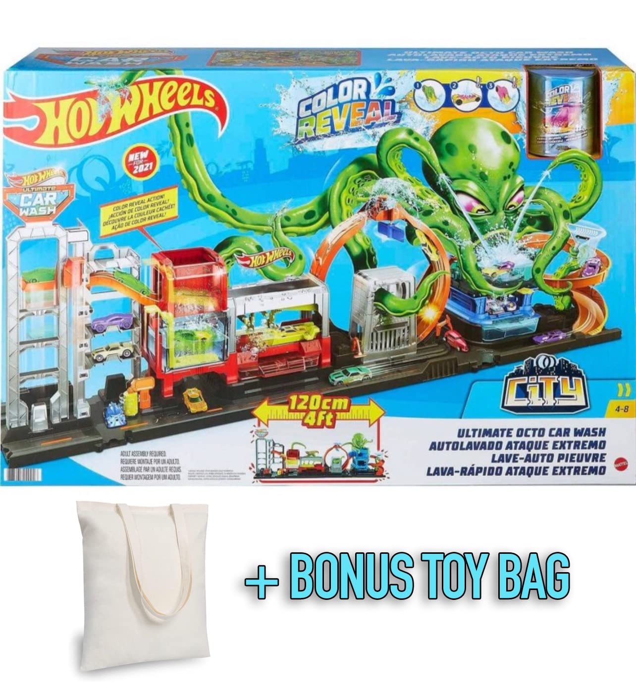 Hot Wheels Ultimate Octo Car Wash Playset with No-Spill Water Tanks & 1 Color Reveal Car That Changes in Water - 4+ Foot Long Toy for Kids Ages 4+ | Fun Car Wash Pretend Play for Boys & Girls | Great Gift for Birthday & Christmas