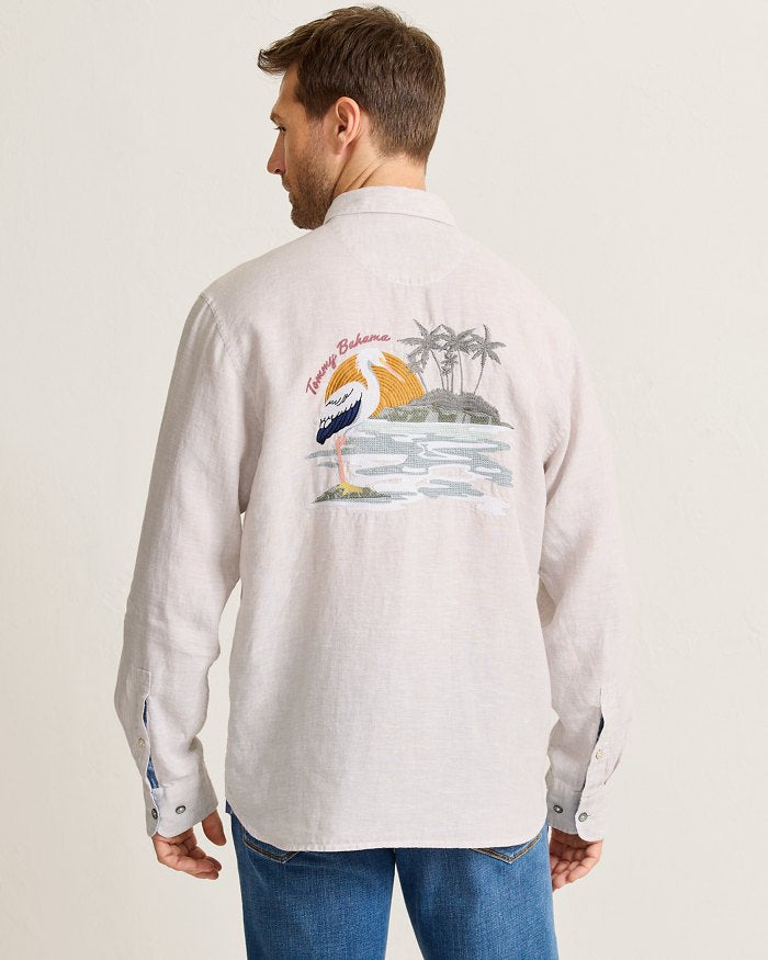 Tommy Bahama Men's Del Mar Island Linen Embroidered Sport Shirt - Natural Color, Breathable Summer Casual Shirt for Beach, Vacation & Outdoor Activities