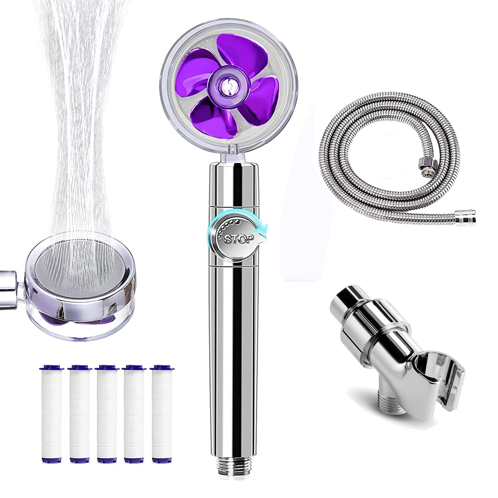 **MOGATO High Pressure Handheld Shower Head with Filter - Turbo Fan & Hydro Jet Shower Kit, 5 Replacement Filters, Easy to Install (Purple) - Perfect for Bathroom, Spa-Like Experience & Water Saving**