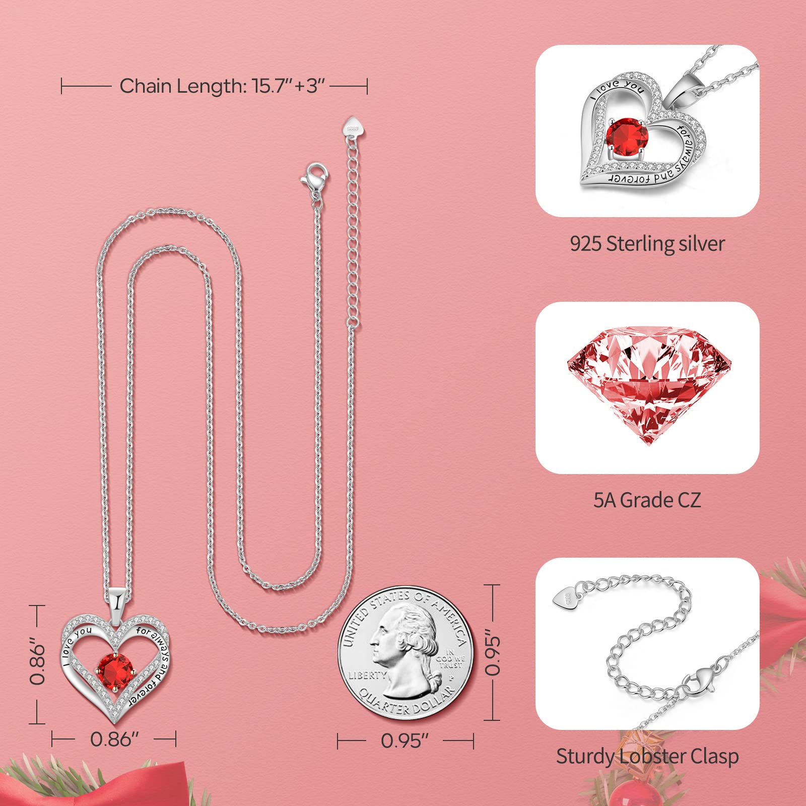 Heart Birthstone Necklace for Women - S925 Sterling Silver Personalized Pendant, Anniversary & Birthday Gift for Wife, Mom, Girlfriend | Perfect for Valentine's Day, Mother's Day & Special Occasions