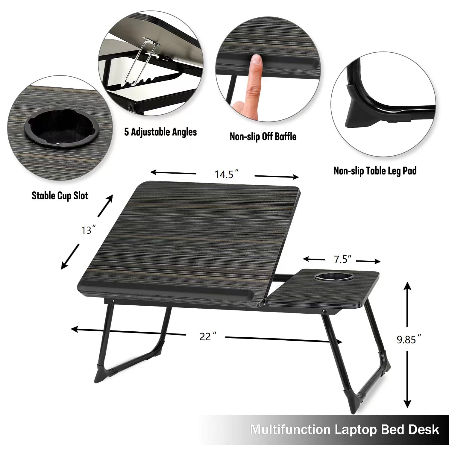 Portable Adjustable Laptop Desk for Bed & Couch - Foldable Lap Stand with Cup Holder, Lightweight Bed Tray Table for Writing, Working & Watching Movies (Black) | Perfect for Home Office, Dorm Room & Travel Use