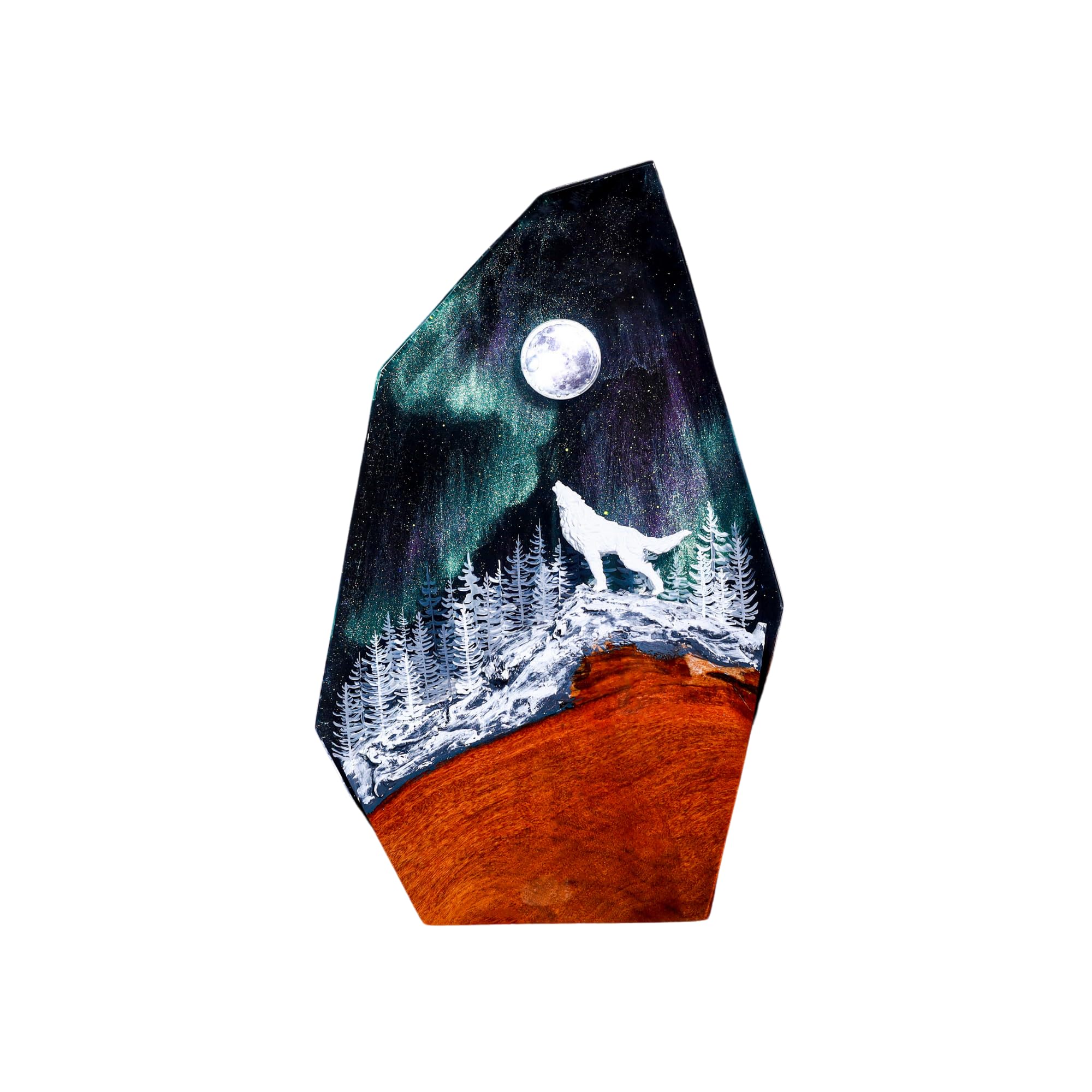 Howling Wolf Northern Lights Lamp - 12x7 Inch Aurora Borealis Night Light, Resin Wood Base, Unique Home Decor Gift for Her, Him, Friends - Perfect for Bedroom, Living Room, Office & Meditation Spaces