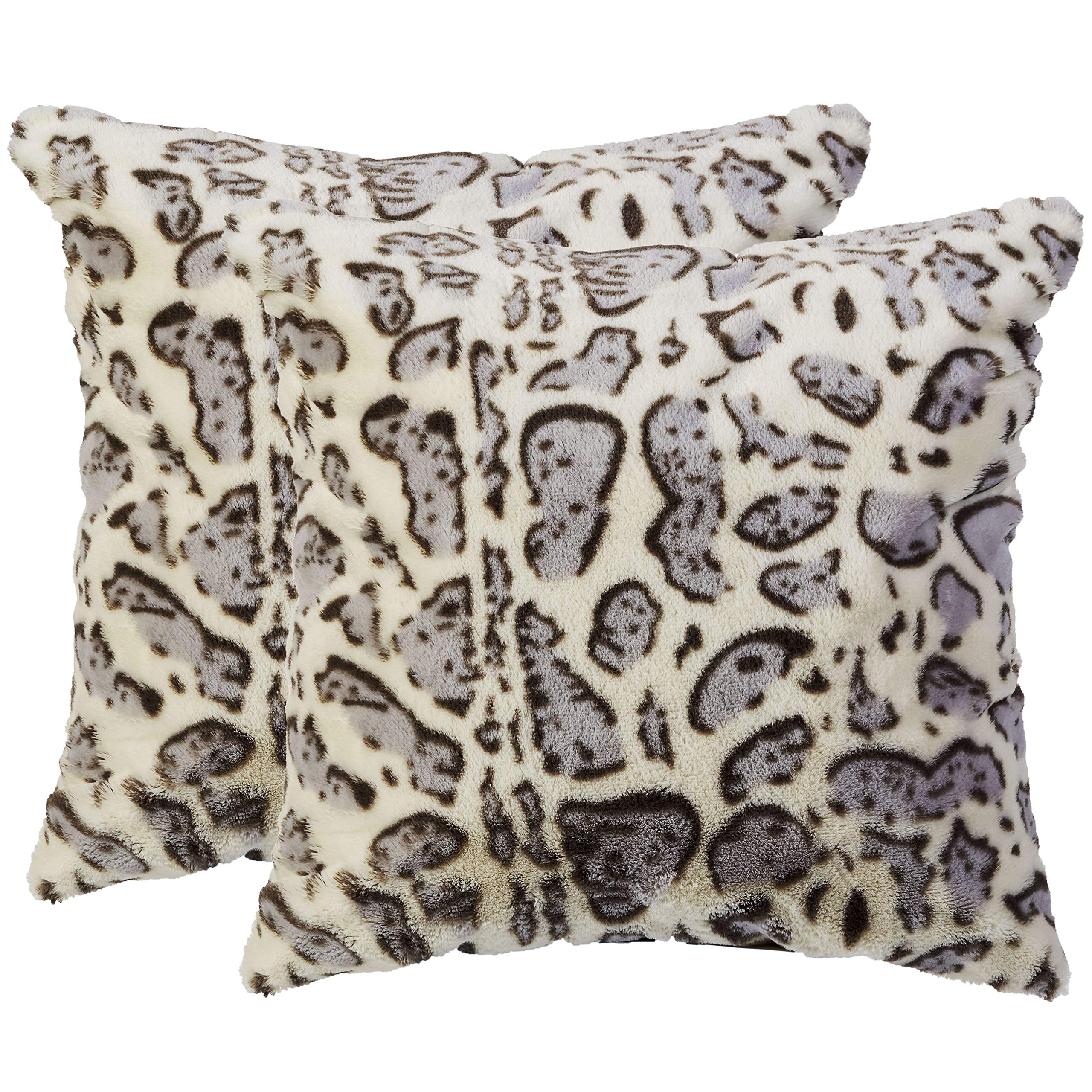 Set of 2 Snow Leopard Print Throw Pillows - 18x18 Inch Soft Velvet Faux Fur Decorative Couch Cushions for Living Room, Bedroom & Sofa Decor