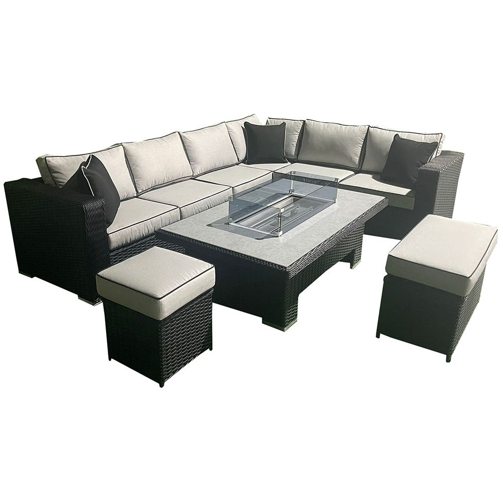 Luxury Black Rattan L-Shaped Patio Set with Fire Pit Table - Outdoor Furniture for Garden, Backyard, and Poolside Relaxation