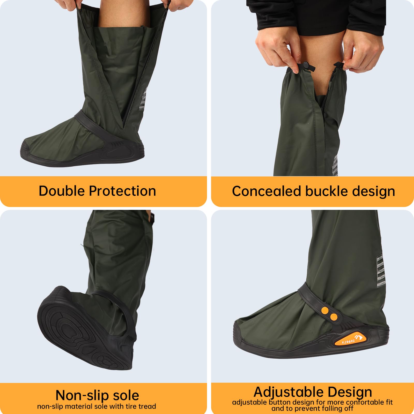 Waterproof Shoe Covers for Rain - Reusable & Foldable Non-Slip Boot Protectors with Reflective Strips for Men & Women (Army Green, Size L) - Perfect for Hiking, Commuting & Outdoor Activities