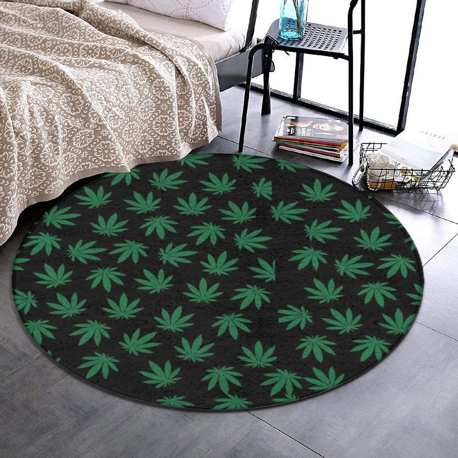 SWEET TANG Ultra Soft Round Area Rug - 5ft Non-Slip Circle Carpet for Living Room, Bedroom, Playroom | Indoor Sofa Floor Mat with Weed Pattern - Perfect for Cozy Home Decor & Kids Play Area