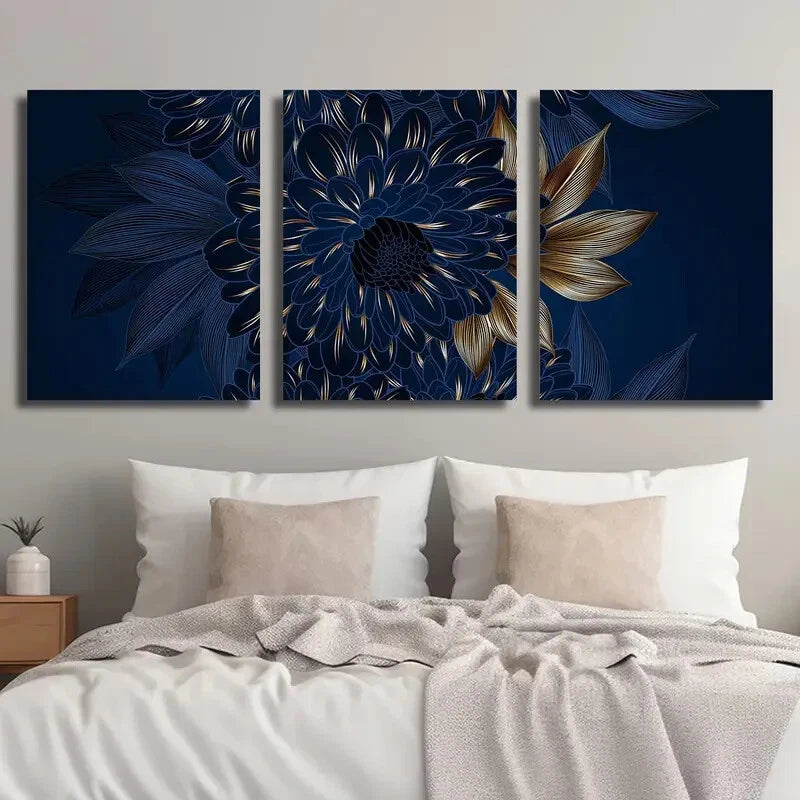 3-Piece Abstract Blue and Gold Floral Metal Wall Art - Ready to Hang Modern Home Decor for Living Room, Bedroom, or Office