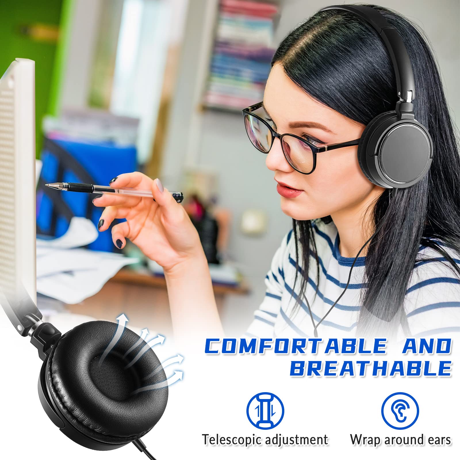 24 Pack Bulk Classroom Headphones with Microphone - Adjustable Over-Ear Student Headphones for Kids, School, Online Learning & Virtual Classrooms (Black) - Perfect for Distance Education, Computer Labs & Study Sessions