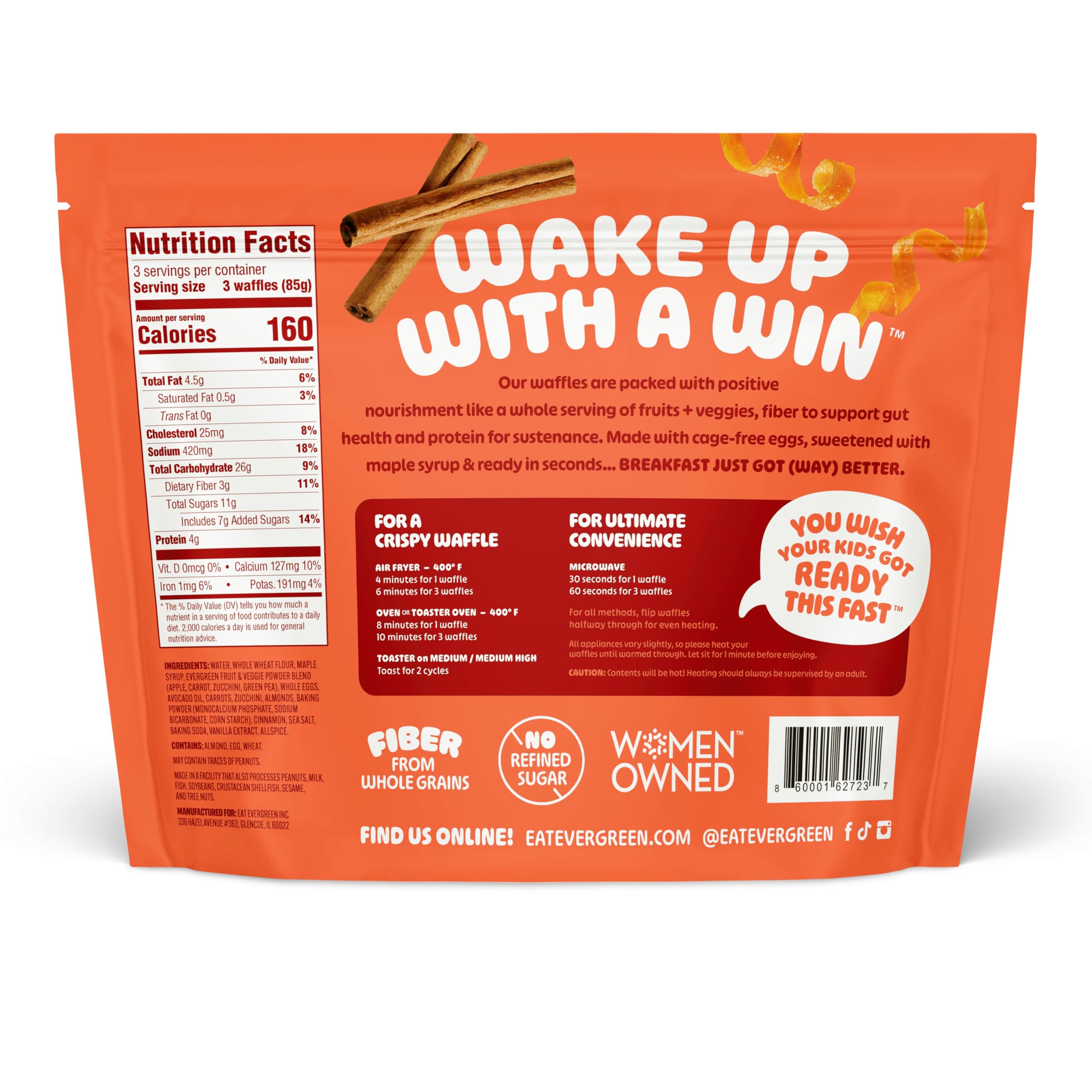Evergreen Zucchini Carrot Cake Waffles - 100% Whole Grain, Dairy-Free, No Preservatives | 9 Frozen Waffles per Bag with 1 Full Serving of Fruits & Vegetables | Supports Gut Health | Perfect for Breakfast, Kids' Snacks & Healthy Eating