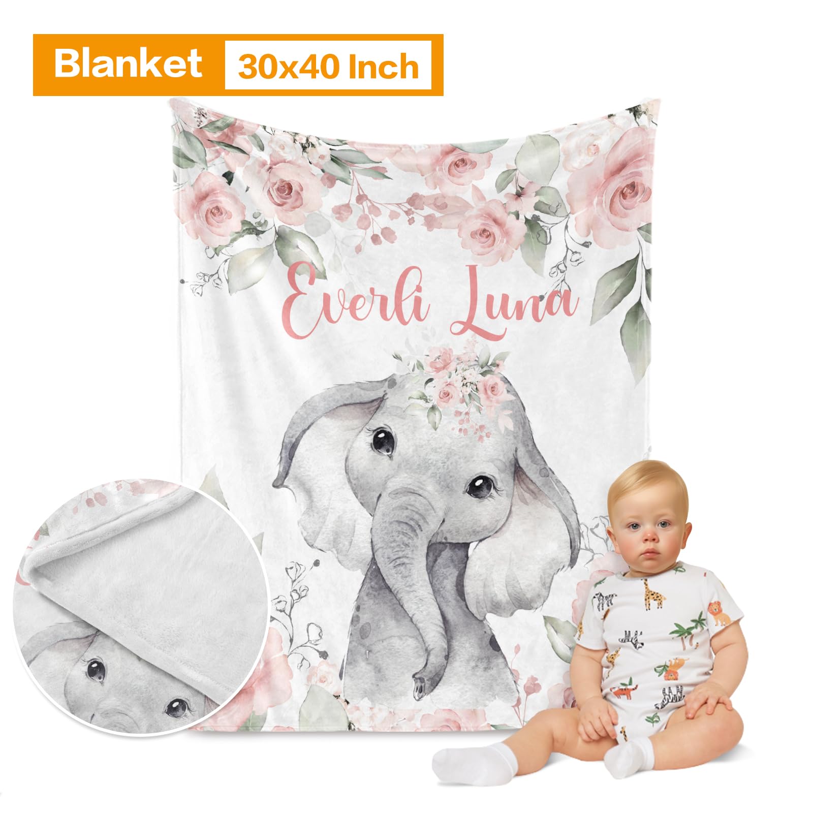 Custom Pink Baby Girl Crib Bedding Set - Personalized Nursery Blanket, Crib Sheet & Changing Pad Cover with Elephant & Rose Design | Perfect for Newborn Nursery Decor & Baby Shower Gifts