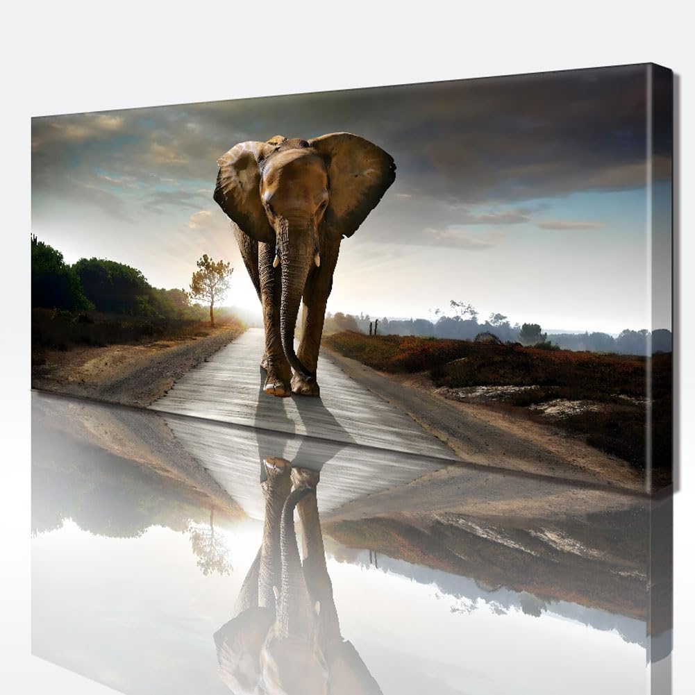 Black and White Elephant Canvas Wall Art - Large Modern Walking Animal Painting for Home & Bedroom Decor | Perfect for Living Room, Nursery & Office