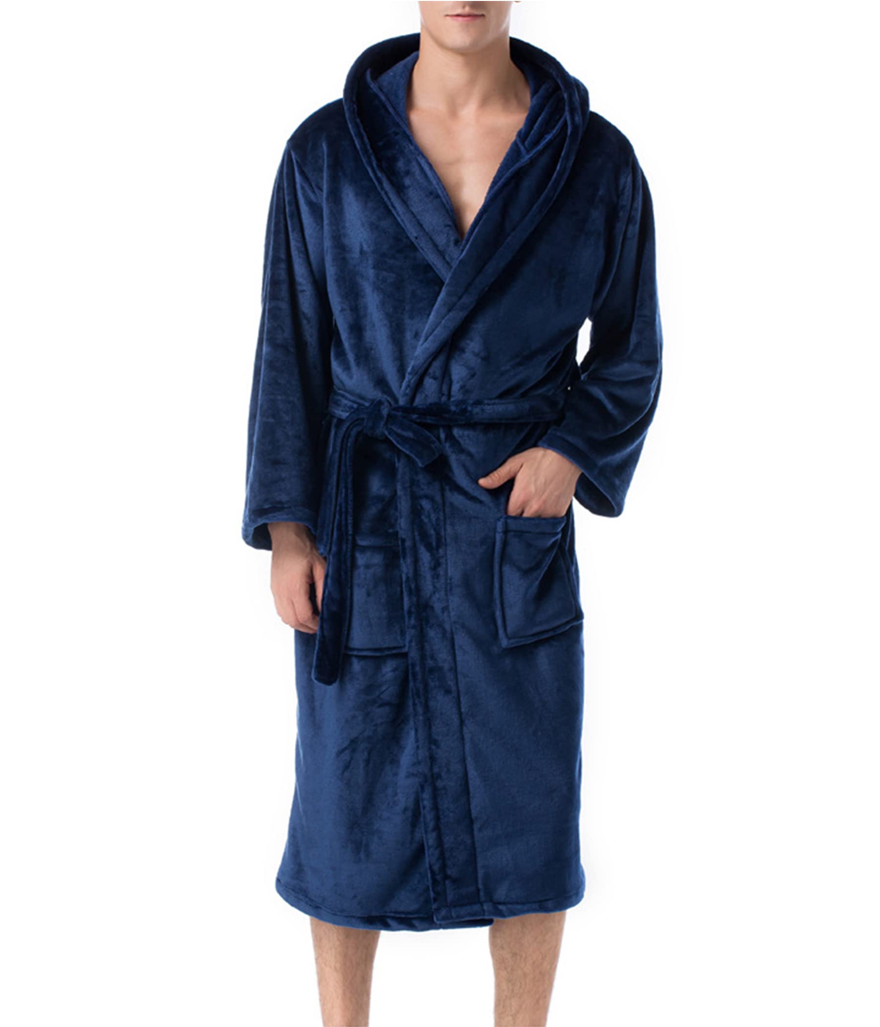 Men's Flannel Hooded Bathrobe - Warm Long Sleeve Plush Shawl Kimono Robe for Lounge, Spa & Home Comfort | Cozy Winter Nightgown & Casual Male Coat