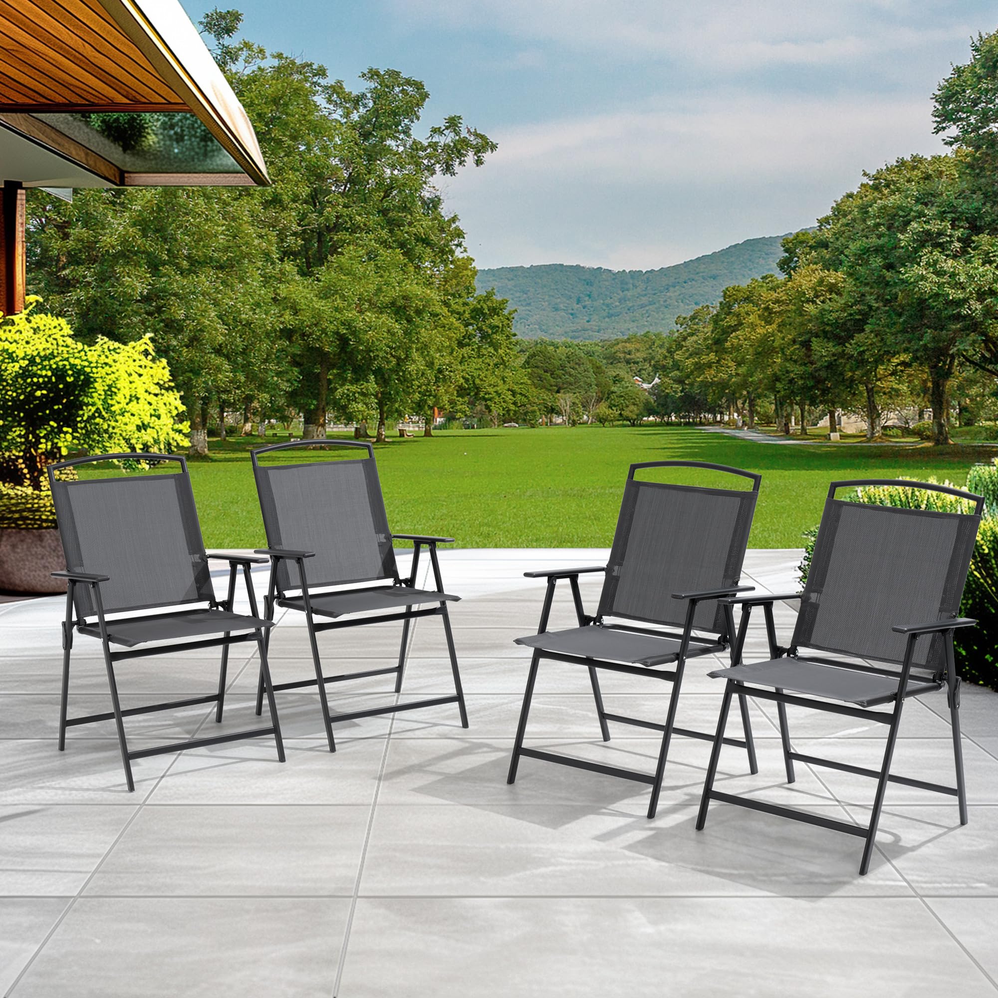 Pellebant Set of 4 Outdoor Folding Chairs with Armrests - Lightweight Patio Dining Chairs for Camping, Beach, Backyard, Garden & Poolside - Weather-Resistant Gray Furniture - Perfect for Outdoor Entertaining & Relaxation