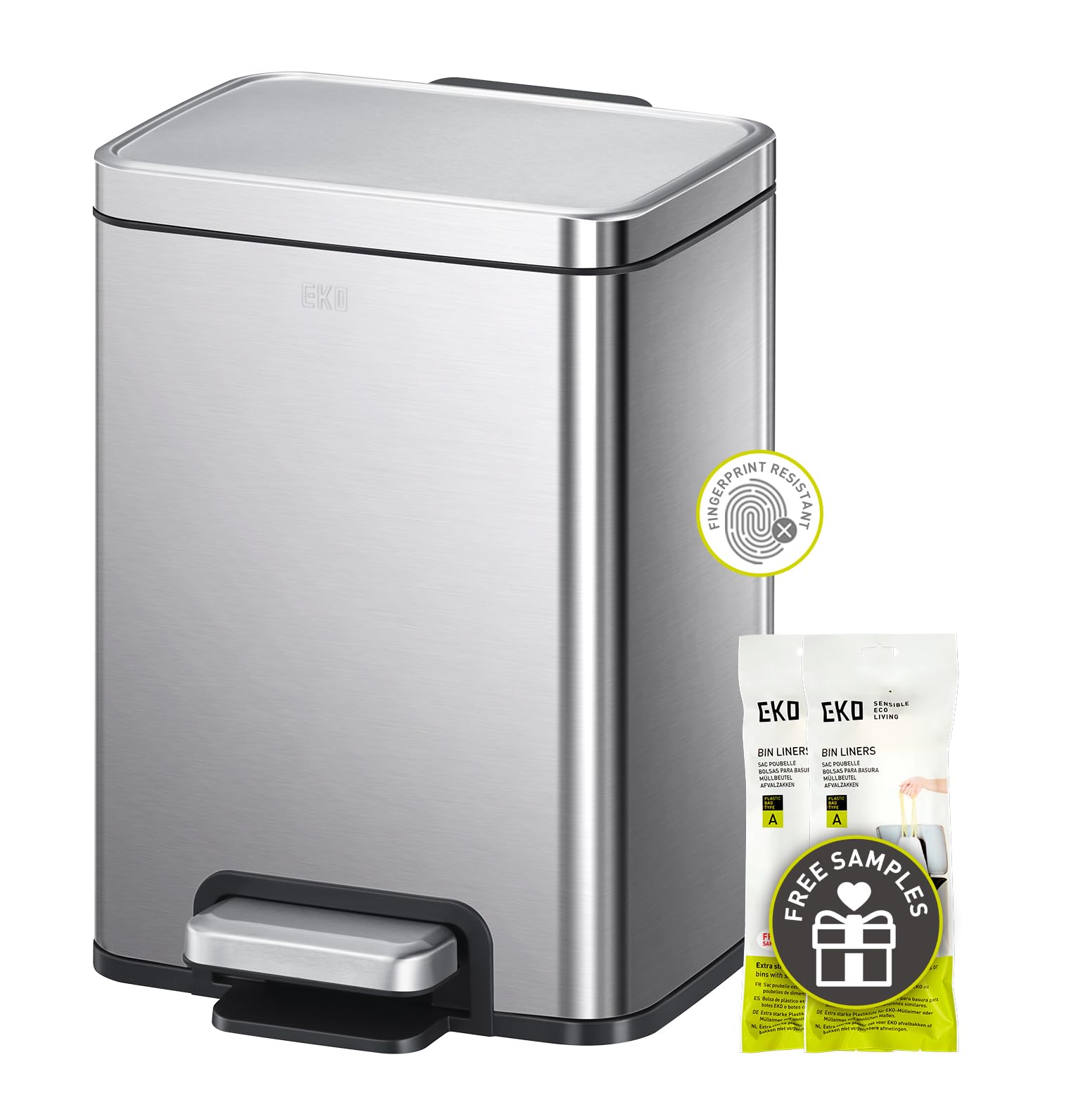 EKO Madison 6L / 1.6 Gal Rectangular Bathroom Trash Can with Lid & Removable Basket - Brushed Stainless Steel Step Trash Bin for Bathroom, Kitchen, Office & Bedroom Waste Disposal