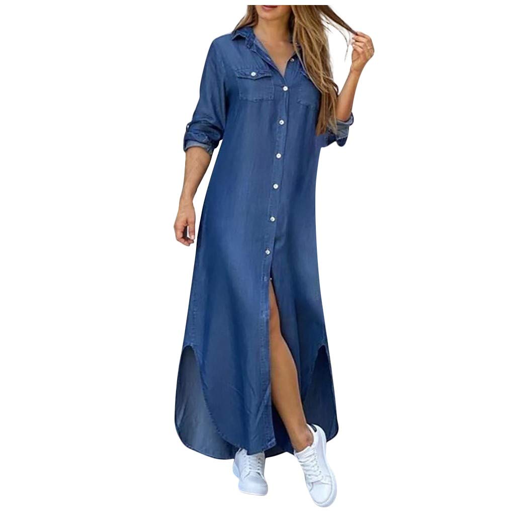 Women's Button Down Long Sleeve Shirt Dress - Loose Fitted Maxi Dress with Pockets | Casual Flowy Dress for Everyday Wear, Office, Date Night & Vacation