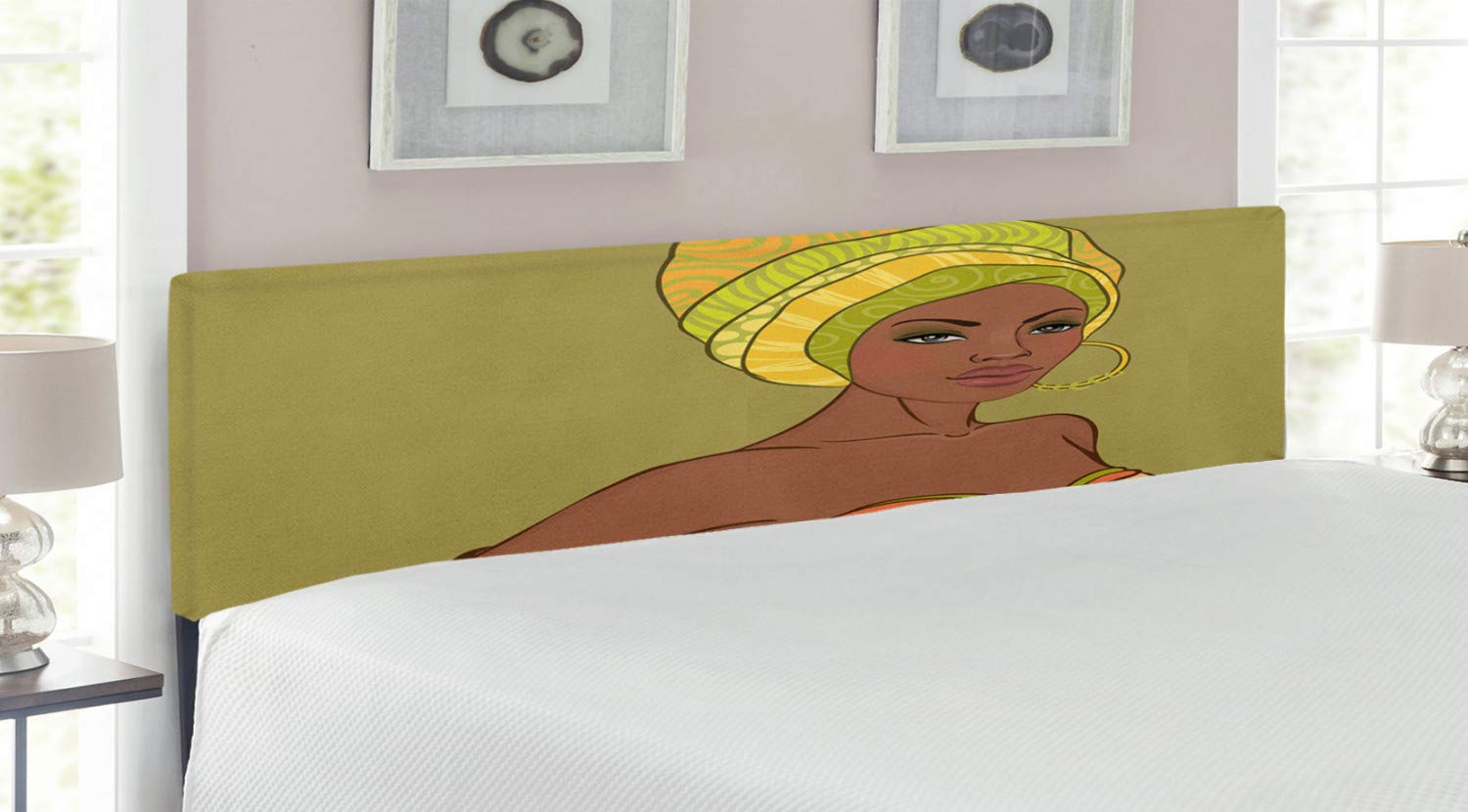 Ambesonne African Headboard - Hand Drawn Lady Portrait with Dress, Earrings & Turban - Upholstered Decorative Metal Bed Frame with Memory Foam - King Size Multicolor Headboard for Bedroom Decor | Perfect for Boho, Ethnic & Tribal Style Home Interiors