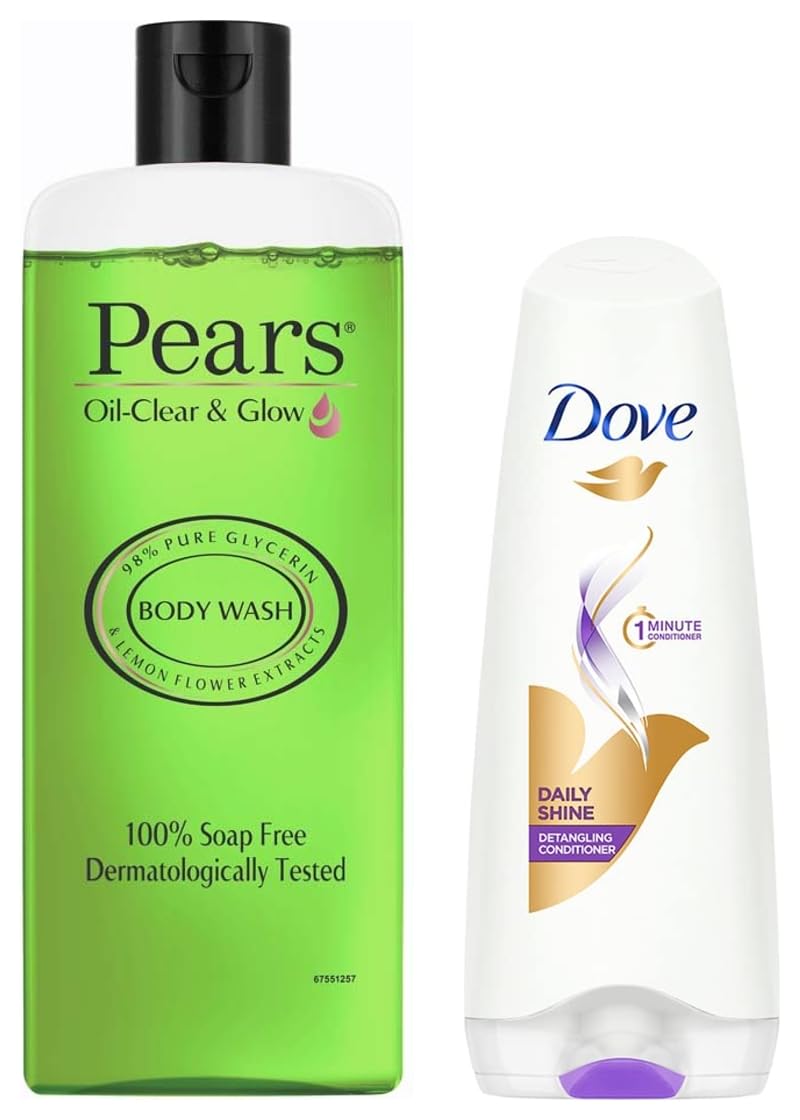 Pears Oil Clear & Glow Shower Gel 250ml + Dove Daily Shine Conditioner 180ml - Hydrating Body Wash & Smoothing Hair Care Duo for Radiant Skin & Shiny Hair