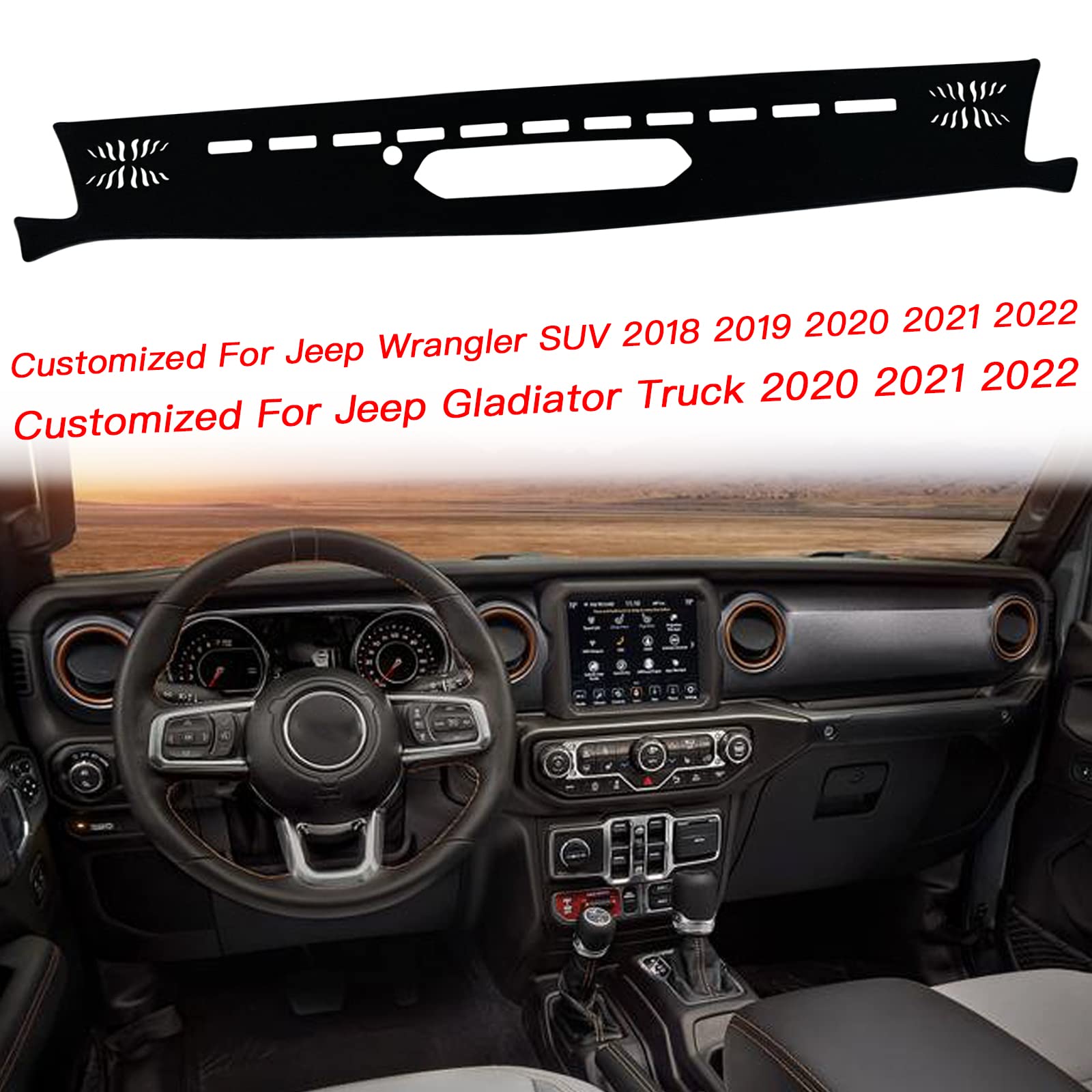 Custom Fit Dash Mat Cover for Jeep Wrangler (2018-2022) & Gladiator (2020-2022) - Premium Center Console Protector | UV Resistant Dashboard Accessory with Black Trim | Perfect for Off-Roading & Daily Commuting