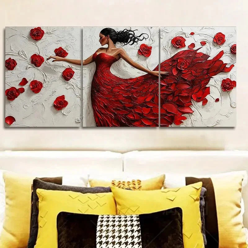 3pcs Red Dress Dancing Girl Wall Art Set - Framed Canvas 40x60cm | High Quality Print | 100% Australian Made | Ready to Hang | Perfect for Living Room, Bedroom & Office Decor