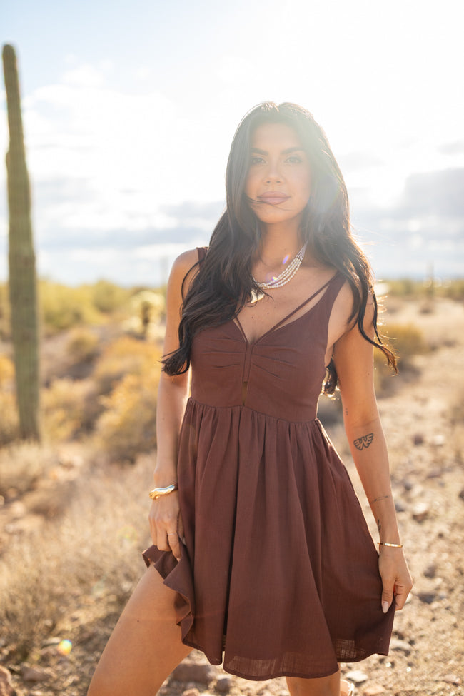 Chocolate Brown V-Neck Mini Dress for Women - Elegant Bell Sleeve Party Dress - Perfect for Dates, Cocktails & Special Occasions