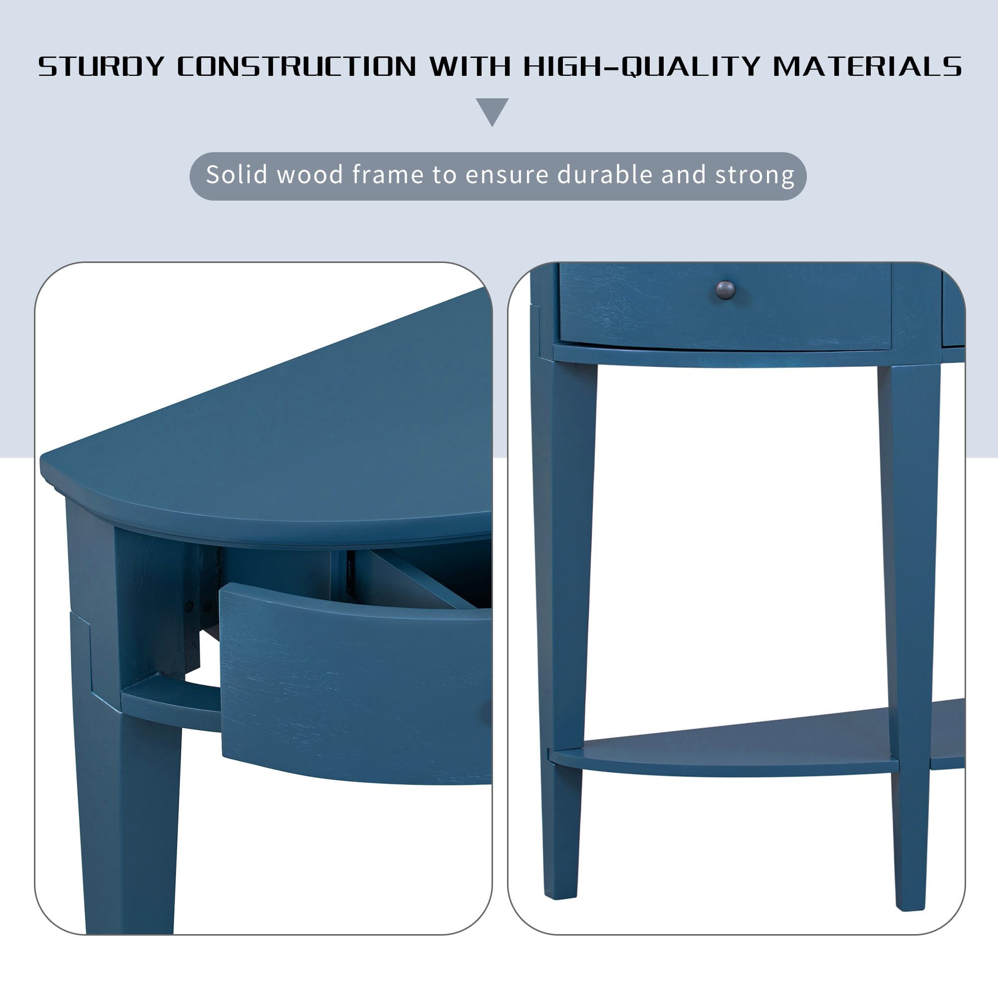 PURLOVE Modern Curved Console Table with Drawer - Solid Wood Entryway Table with Open Shelf for Hallway, Living Room & Foyer - Navy Blue Home Decor for Small Spaces & Apartment Entryways