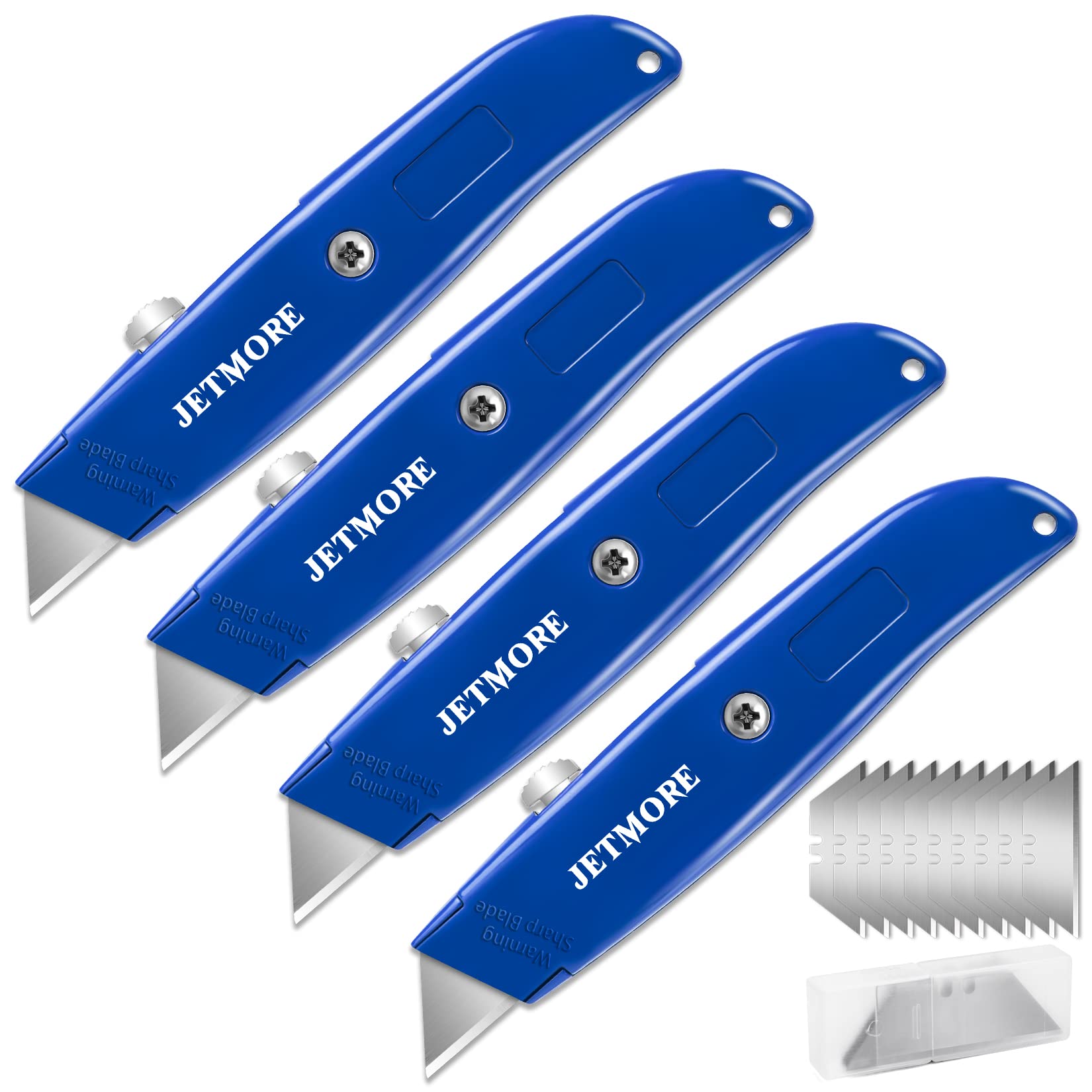 Jetmore 4 Pack Heavy Duty Retractable Utility Knife - Box Cutter with 10 Extra SK5 Blades, Aluminum Shell Design for Durability | Perfect for Warehouse, Shipping, Packaging & DIY Projects
