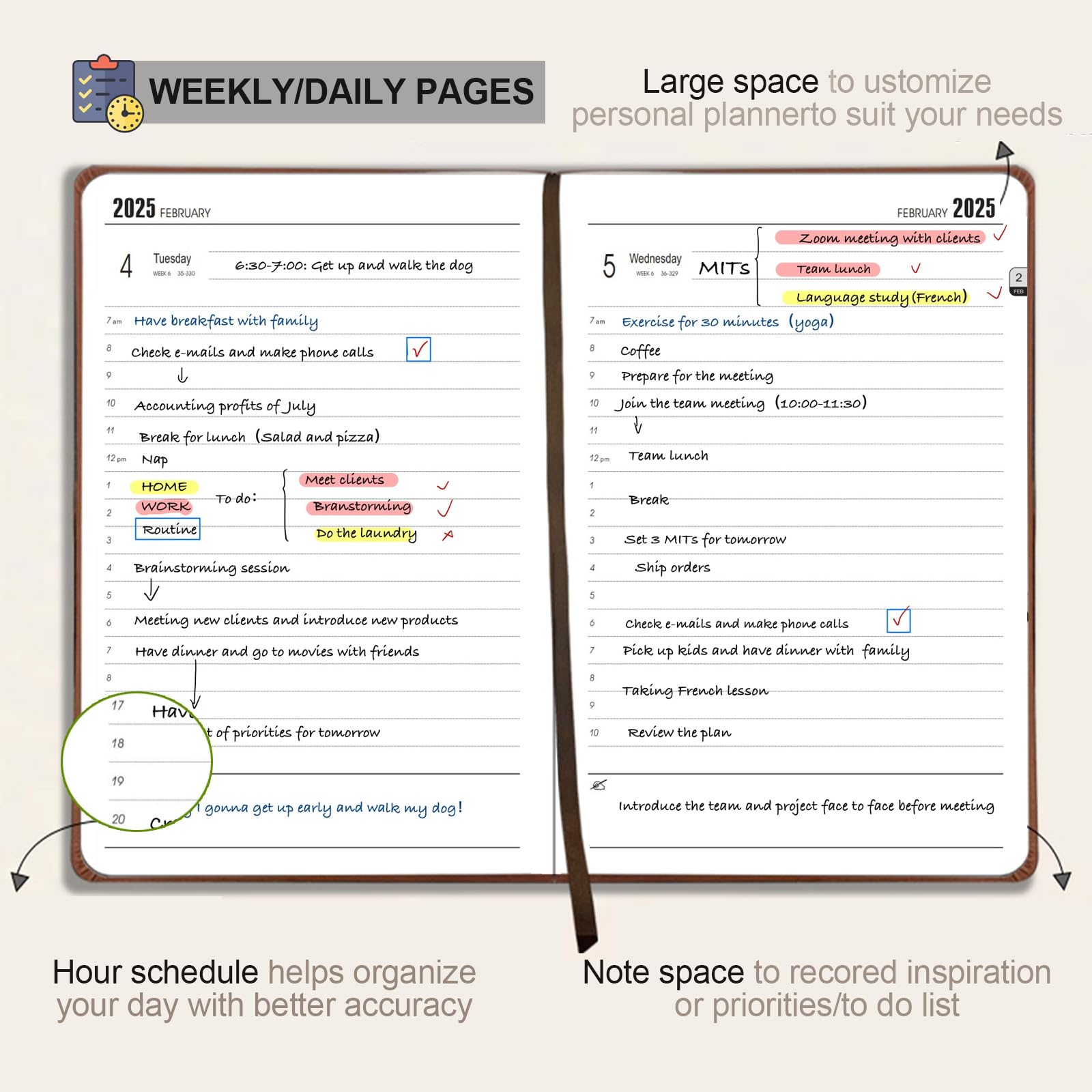2025 Daily & Hourly Planner - January to December Calendar Agenda Notebook with Faux Leather Cover, 8.5