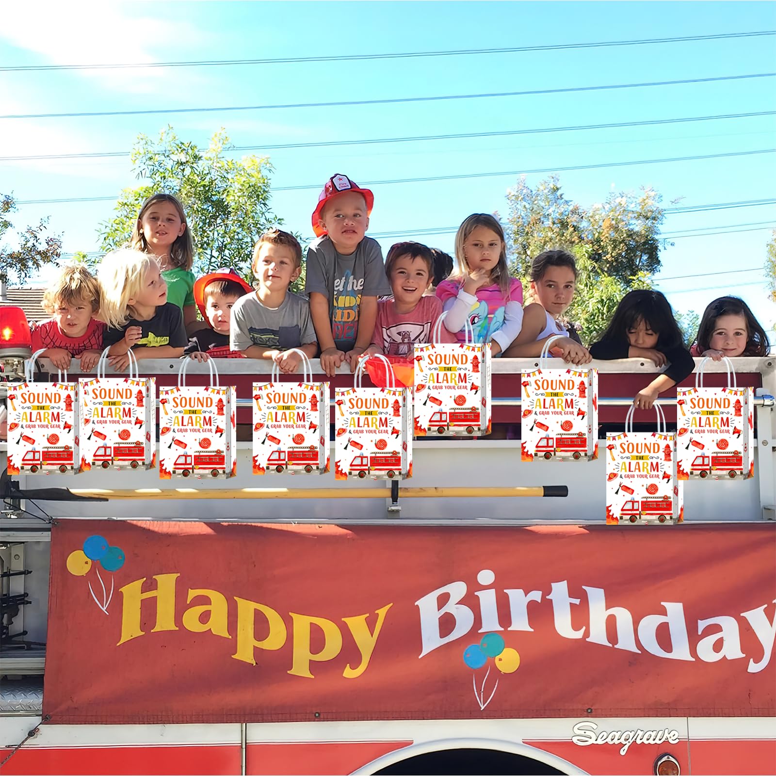 16-Piece Fire Truck Goodie Bags with Handles - Fire Engine Themed Party Supplies for Kids & Adults - Perfect for Birthday Parties, Snacks, Treats & Candy Favors | Ideal for Firefighter-Themed Decorations & Events
