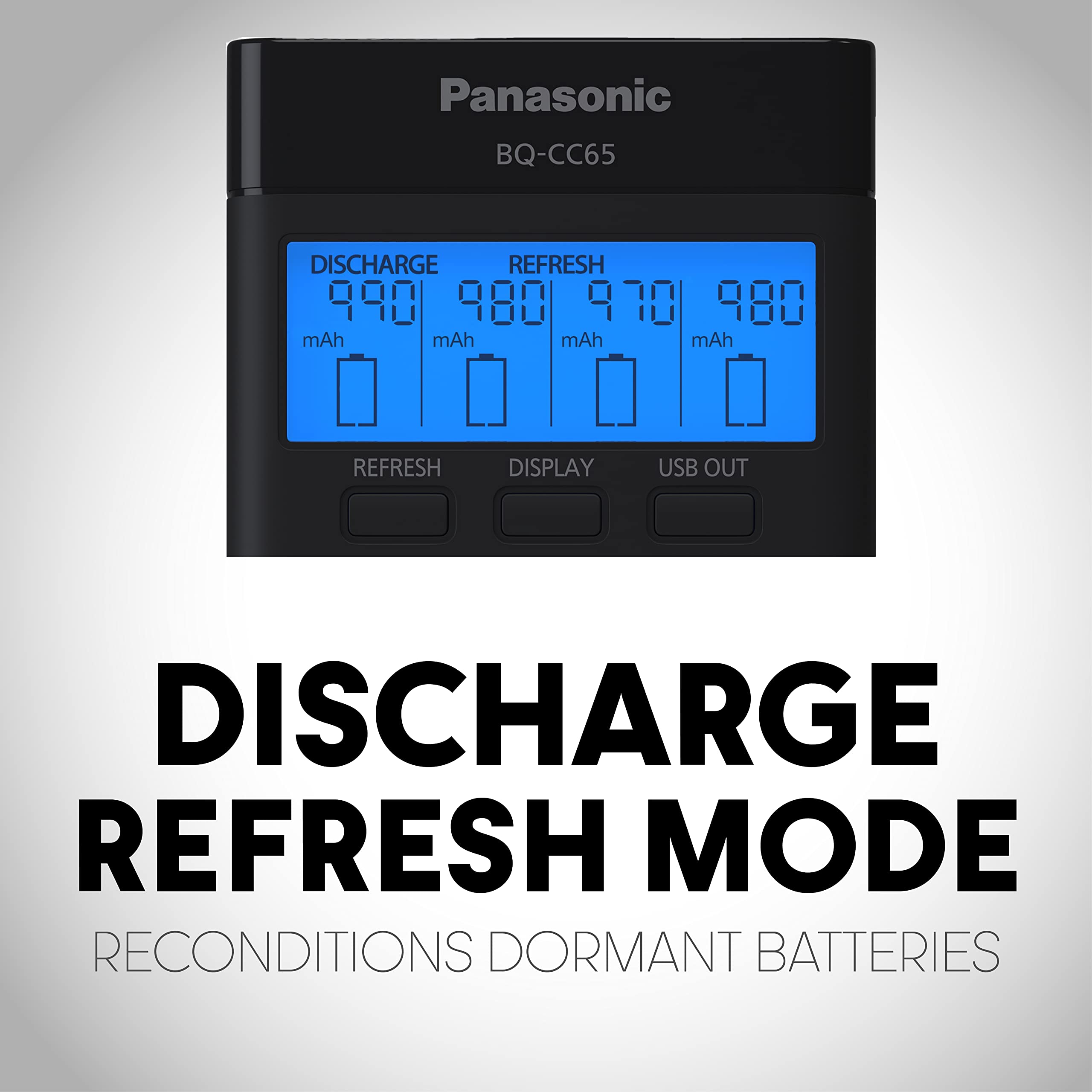 Panasonic BQ-CC65AKBBA Eneloop Pro Quick Charger - 4-Position AA/AAA Battery Charger with LCD Display & USB Port - Perfect for Cameras, Gaming Controllers & Smart Home Devices