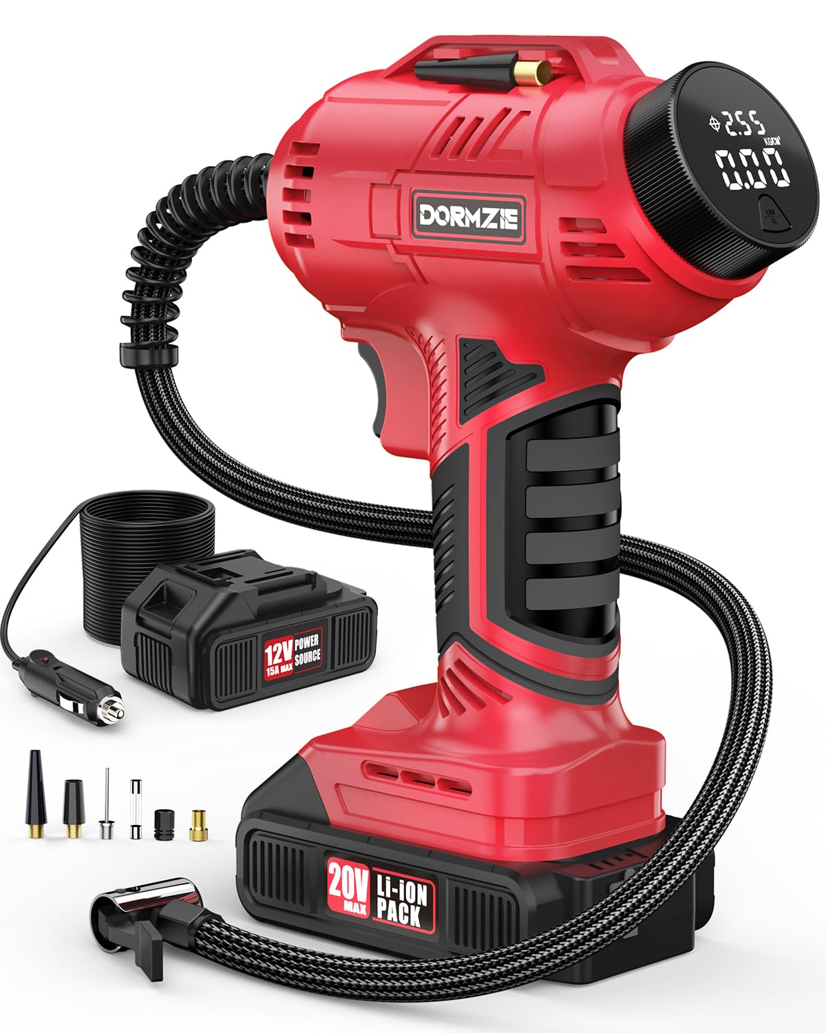 150 PSI Portable Tire Inflator - Rechargeable 20V Air Compressor with Digital Display for Car, Motorcycle & Bike Tires | Includes 12V Car Adapter | Perfect for Road Trips, Emergency Use & Garage Maintenance