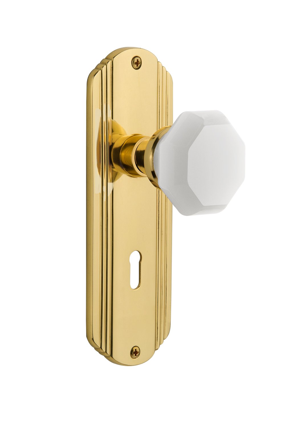 Vintage Waldorf White Milk Glass Knob - Nostalgic Warehouse 748654 Deco Plate with Keyhole, Single Dummy, Polished Brass - Perfect for Cabinet Doors, Drawers & Vintage Furniture Restoration