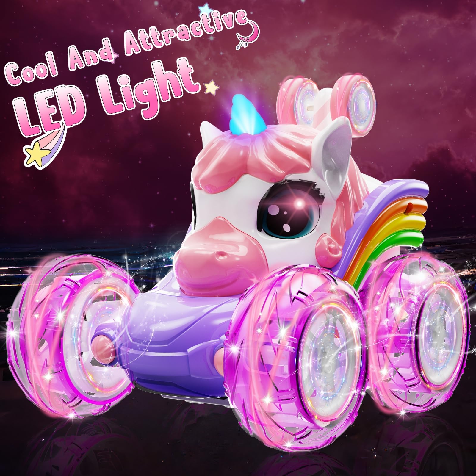 Unicorn Remote Control Car for Girls - 360° Rotating 4WD Stunt RC Toy with LED Lights, Rechargeable Battery - Perfect Birthday Gift for Kids Ages 3-8 | Indoor & Outdoor Play, Party Favors, STEM Learning Toy