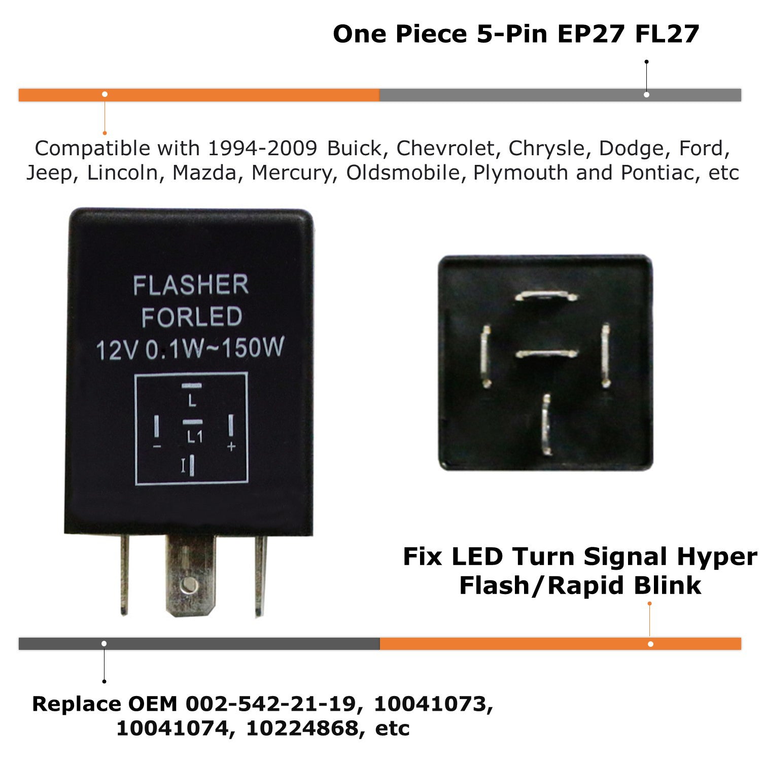 5 Pin EP27 FL27 LED Flasher Relay - Fix Hyper Flash for LED Turn Signal Lights | Compatible with Cars, Trucks, Motorcycles & Trailers