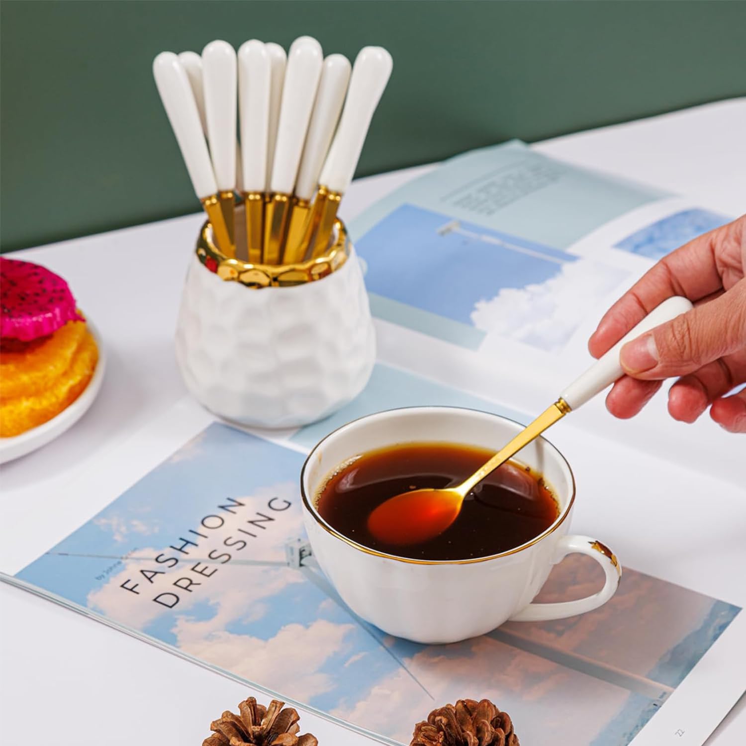 9-Piece Ceramic Coffee Spoon Set with Jar - 8 Small Spoons for Coffee, Tea, Ice Cream & Cake - Elegant Ceramic Handle Dessert Spoons for Home, Cafe & Gift Giving