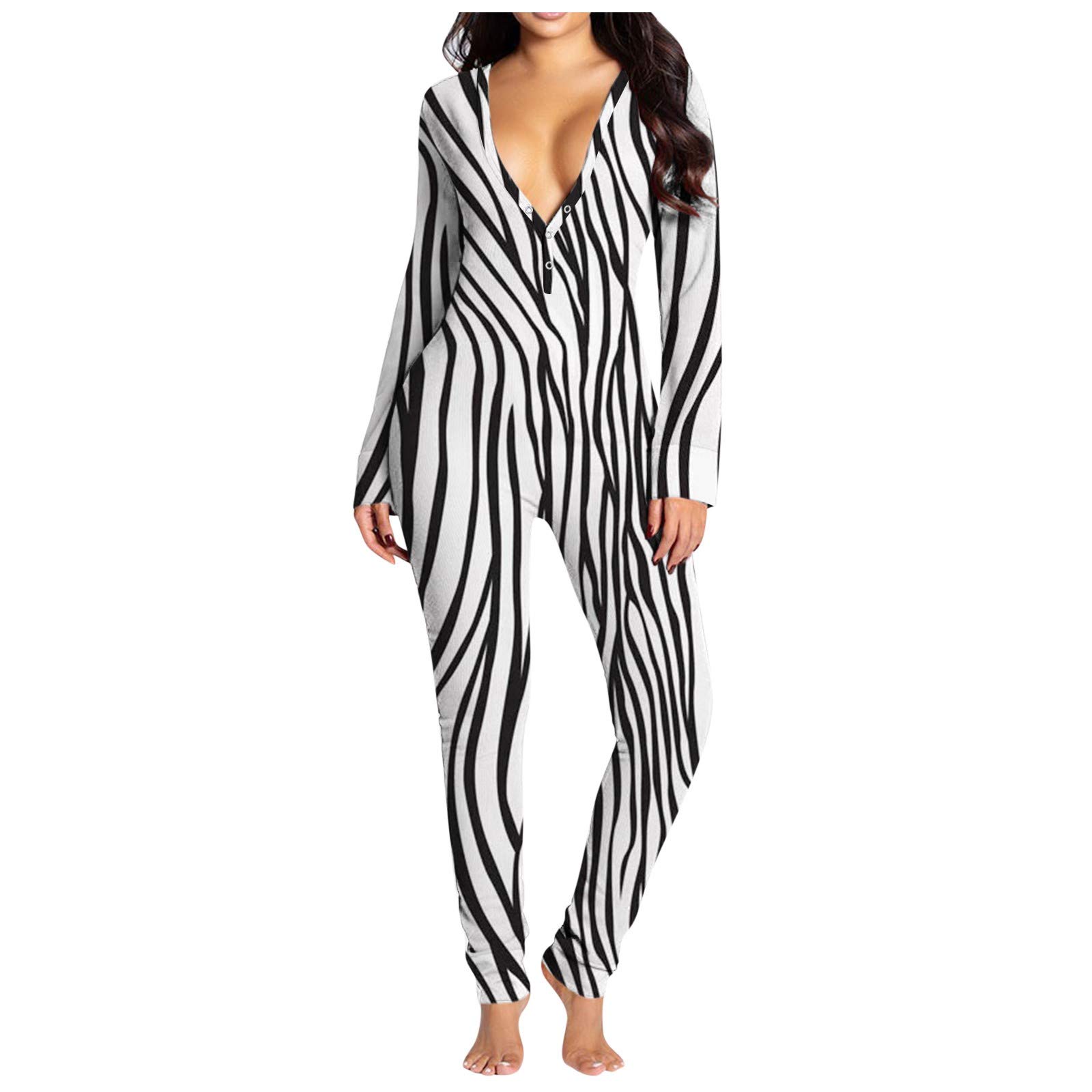 Sexy V-Neck Women's Jumpsuit with Front & Back Prints - Functional Buttoned Flap Design for Sleepwear & Loungewear | Perfect for Date Nights, Sleepovers & Comfortable Home Wear