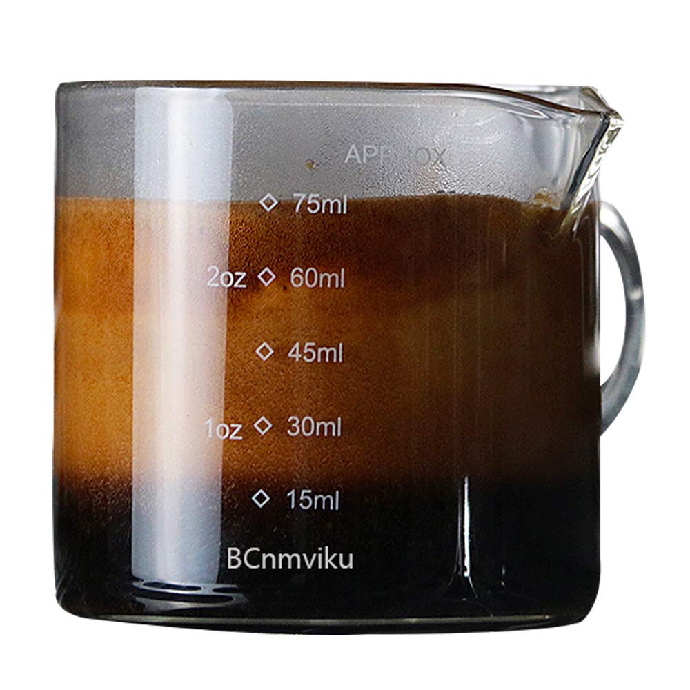 Bcnmviku 1 Pack Clear Glass Double Spout Measuring Cup - 75ML Triple Pitcher for Espresso, Milk & Cocktails | Perfect for Baristas, Home Brewing & Coffee Shops