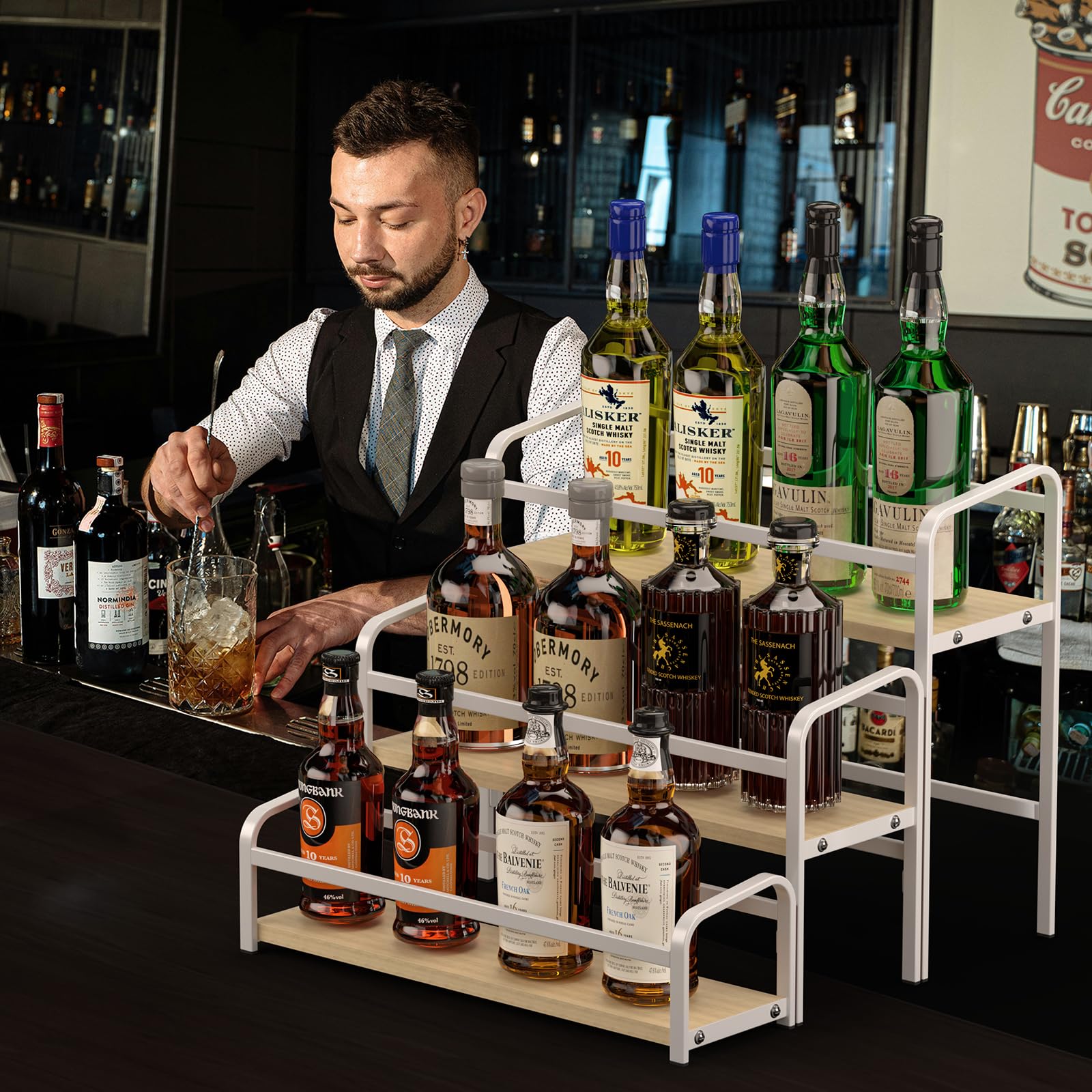 3-Tier Coffee Syrup Organizer Rack - Holds 12 Bottles for Coffee Bar, Wine & Spice Storage - Magnetic One-Step Installation - Perfect for Home Bars, Kitchen Countertops & Cabinet Organization