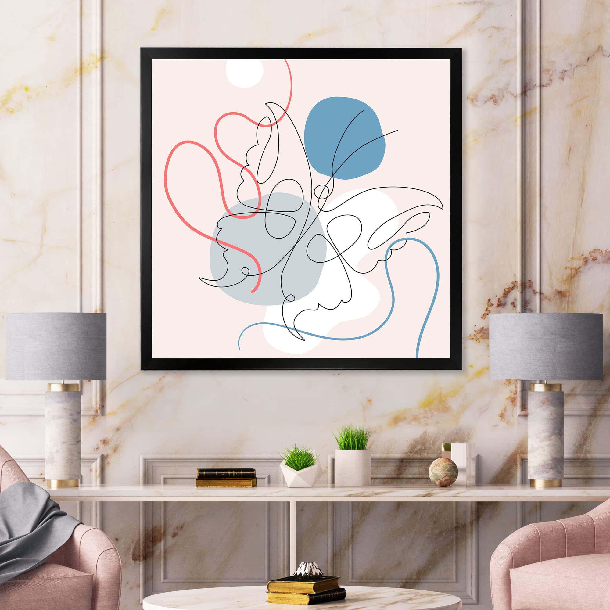 DesignQ Butterfly One Line Drawing On Cubism Shapes - Modern Framed Wall Art Decor for Living Room, Bedroom & Office | Abstract Home Decor