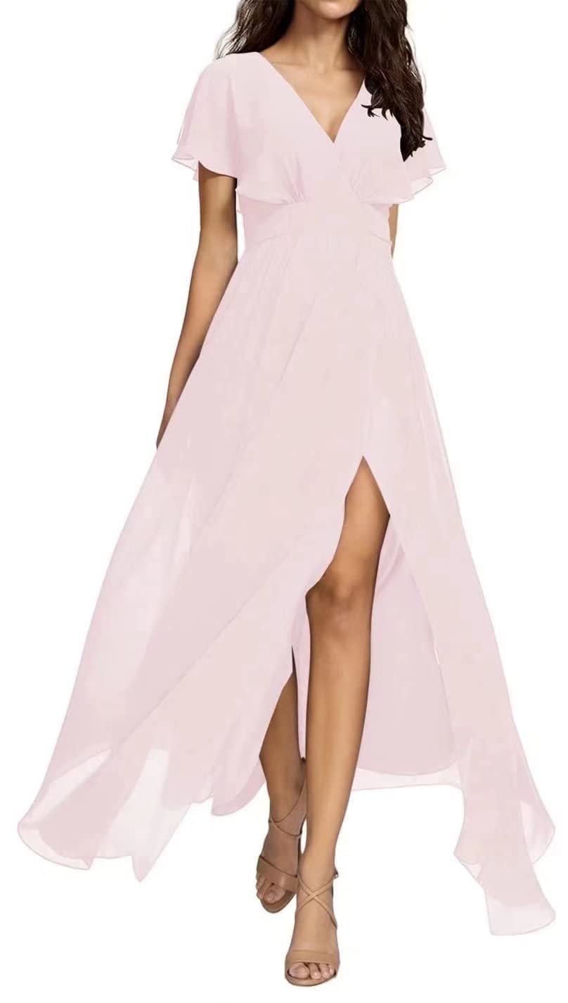 Yadressy Women's Long Chiffon Maxi Dress with Slit & Ruffle Sleeves - A-Line Formal Evening Gown for Bridesmaids, Parties & Special Occasions | Elegant Prom, Wedding Guest & Cocktail Dress