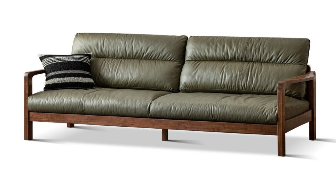 Premium Black Walnut Solid Wood Leather Sofa - Modern Luxury Living Room Furniture for Home & Office (Perfect for Lounging, Entertaining & Relaxing)