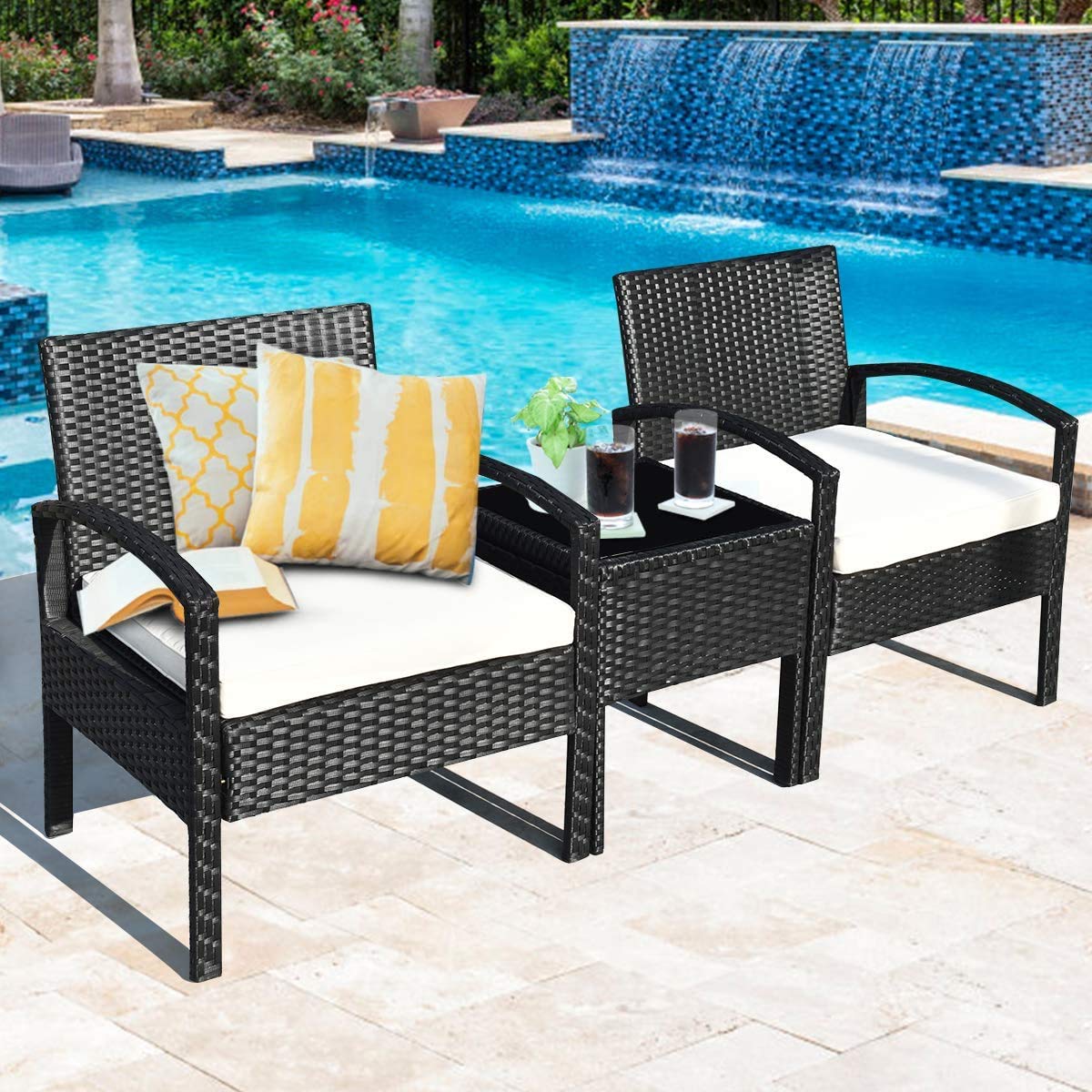 **HAPPYGRILL 3-Piece Patio Conversation Set - Outdoor Rattan Wicker Table & Chairs with Cushions - Modern Bistro Furniture for Garden, Balcony, Backyard - Perfect for Relaxing, Entertaining & Outdoor Dining**