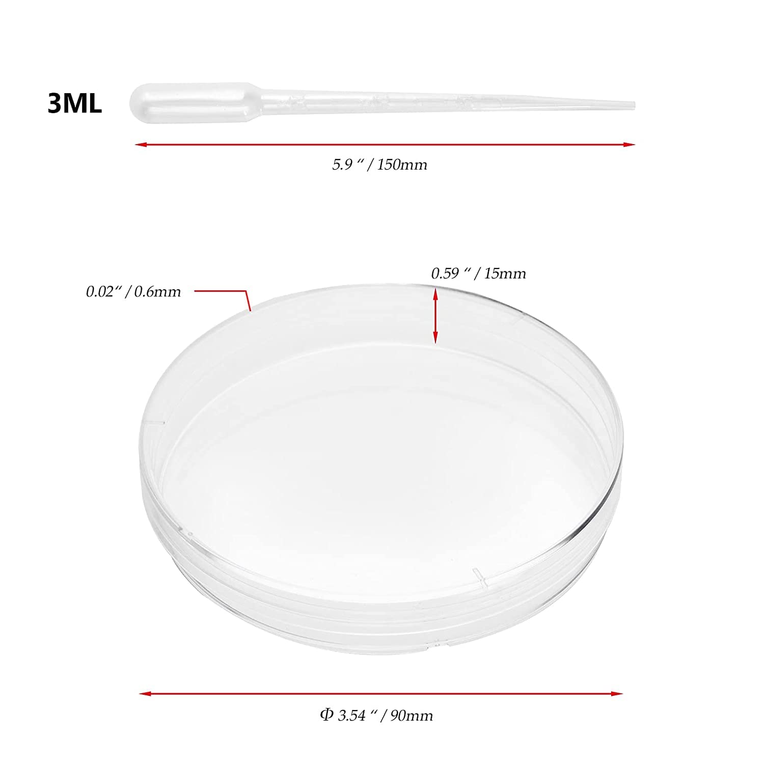 SPYLX 90mm x 15mm Sterile Plastic Petri Dishes with Lids - 60 Pack Lab-Grade Petri Dishes Includes 100 Plastic Transfer Pipettes for Microbiology, Cell Culture & Scientific Research | Ideal for Laboratory Experiments, Classroom Science Projects & Bacteria Growth Studies