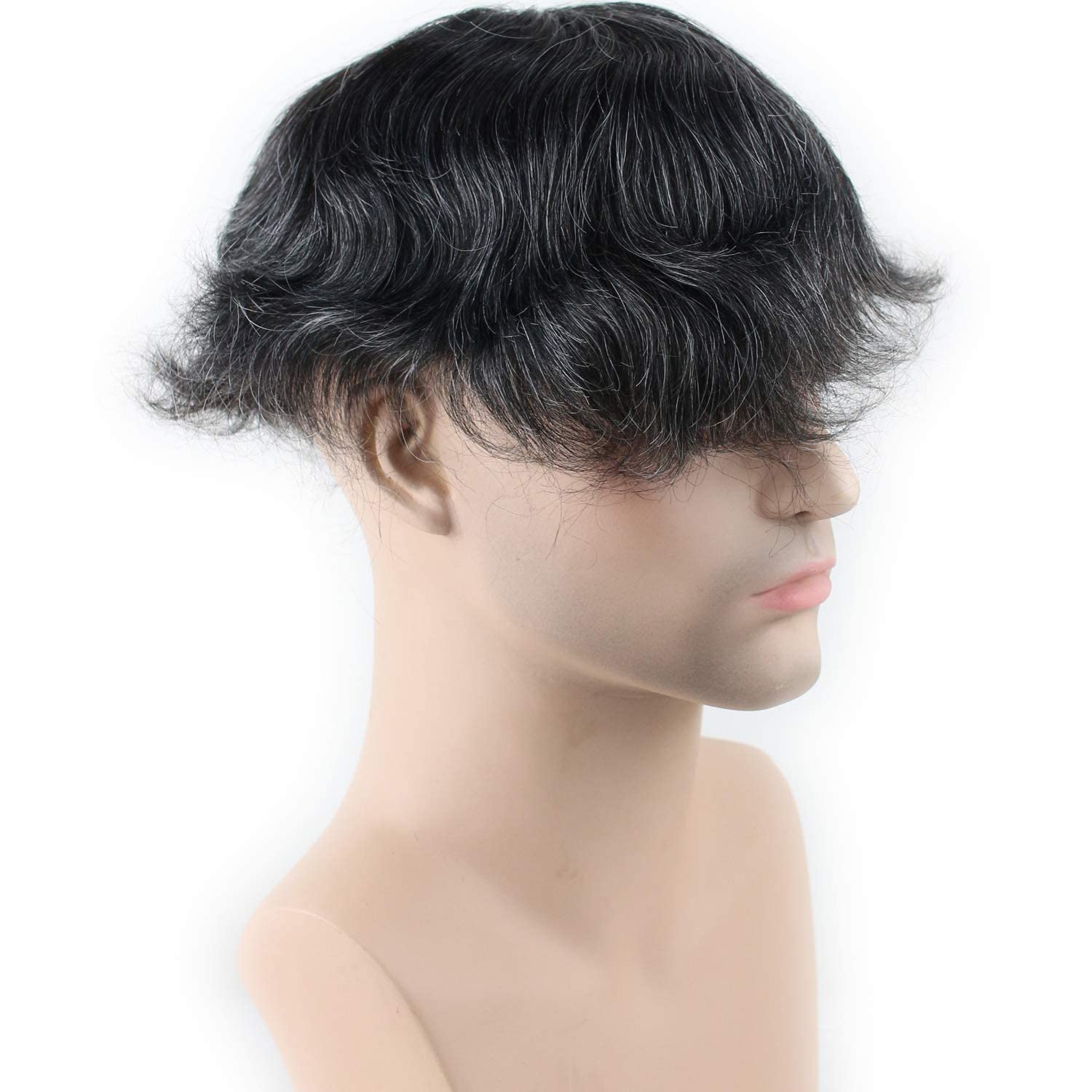 Natural Real Human Hair French Lace Toupee with PU Thin Skin for Men - 1B Mix 20% Grey Hair Replacement System | Perfect for Daily Wear, Special Occasions & Hair Loss Solutions