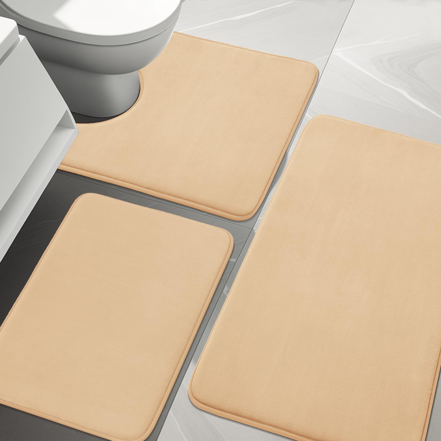 YIHOUSE 3-Piece Memory Foam Bathroom Rug Set - Super Absorbent, Non-Slip Bath Mat for Tub, Shower & Sink - Machine Washable Soft Floor Mats for Bathroom Safety & Comfort - Beige - Perfect for Modern Bathrooms, Spa-Like Showers & Cozy Home Decor